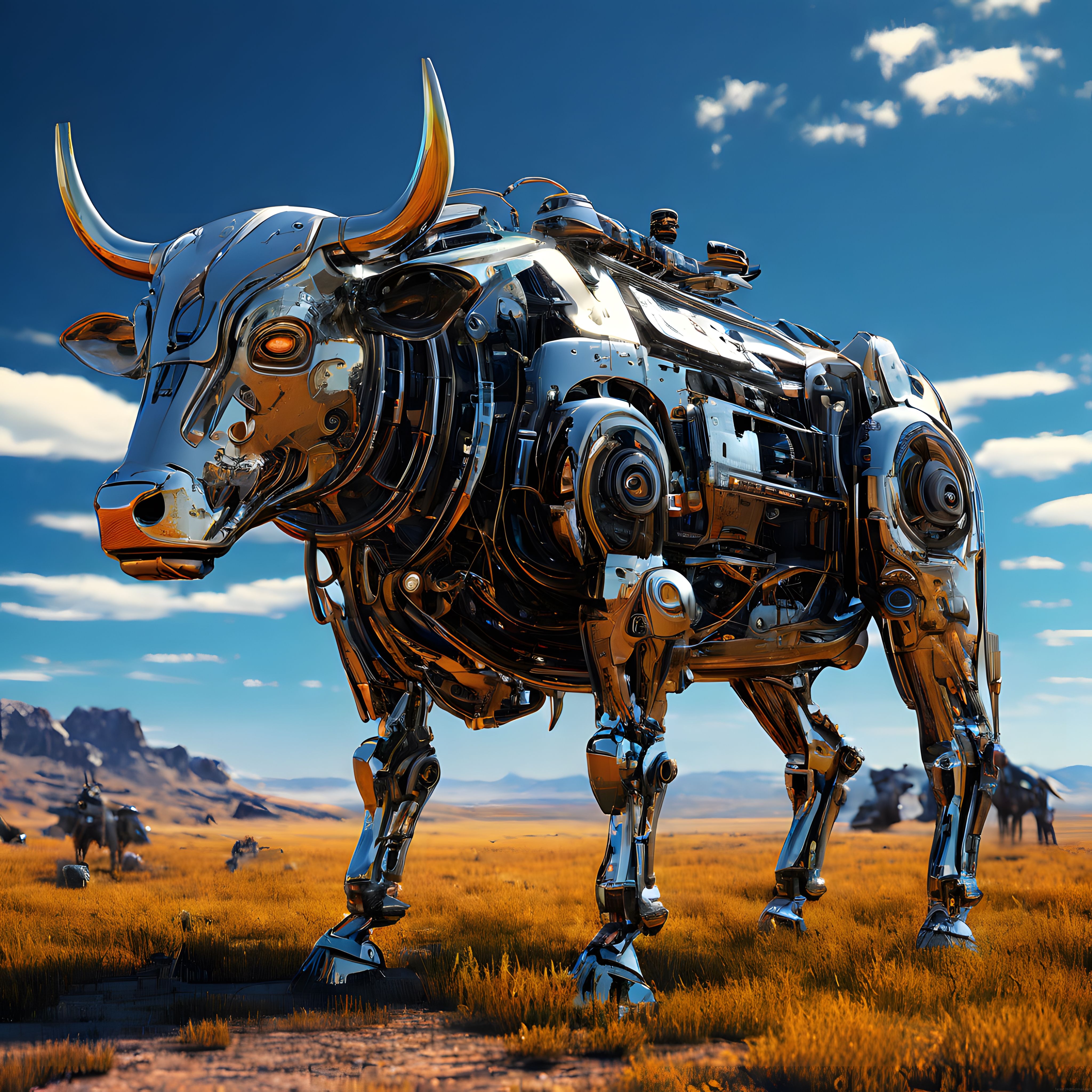 Çorak Arazide Gökyüzüne Karşı Duran Devasa Metalik Robot Boğa Heykeli
