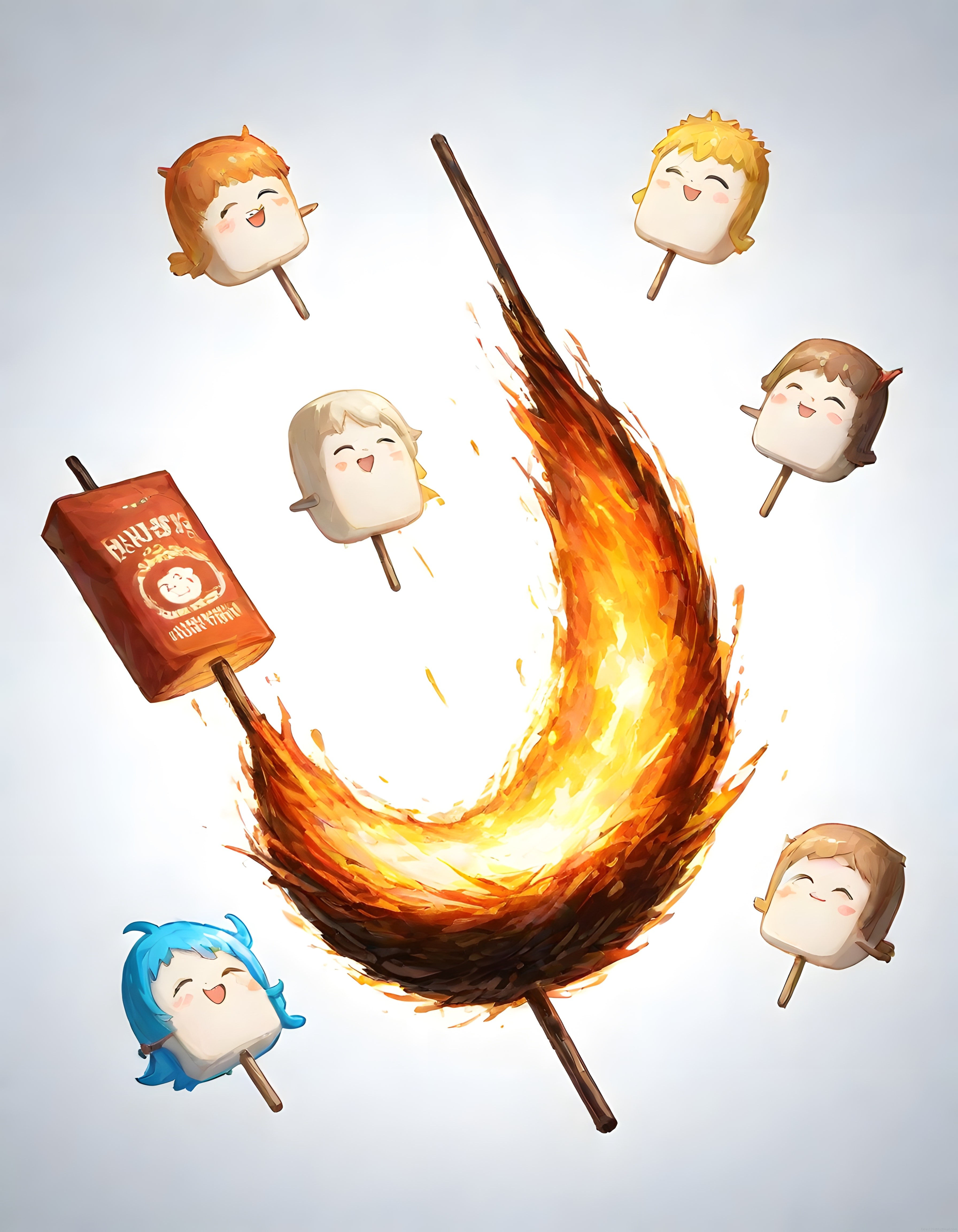 çubuklardaki anime marshmallow kafaların alev sarmalında komik uçuşu