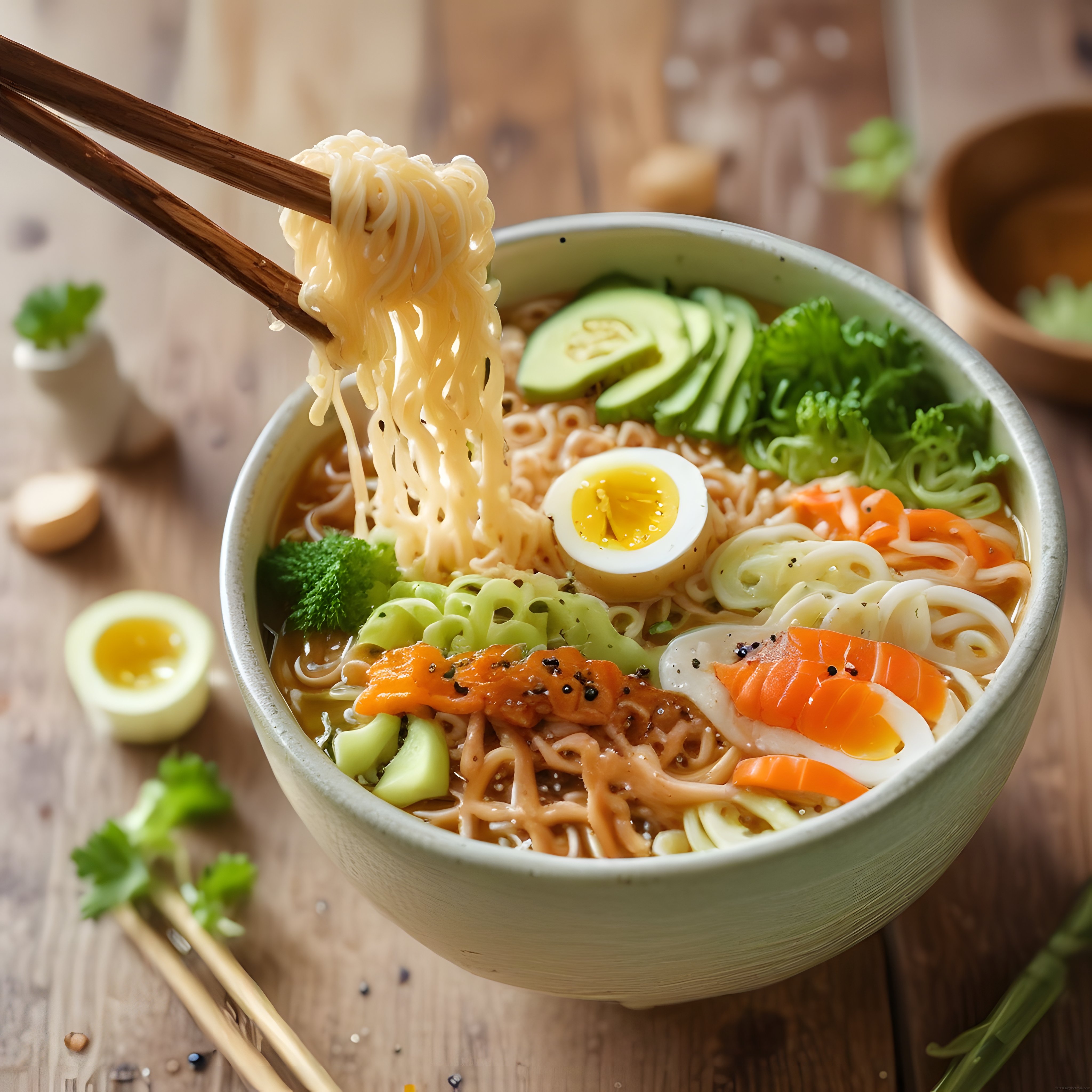 Çubuklarla Tutulan Erişteli ve Taze Sebzelerle Dolu Japon Ramen Kasesi