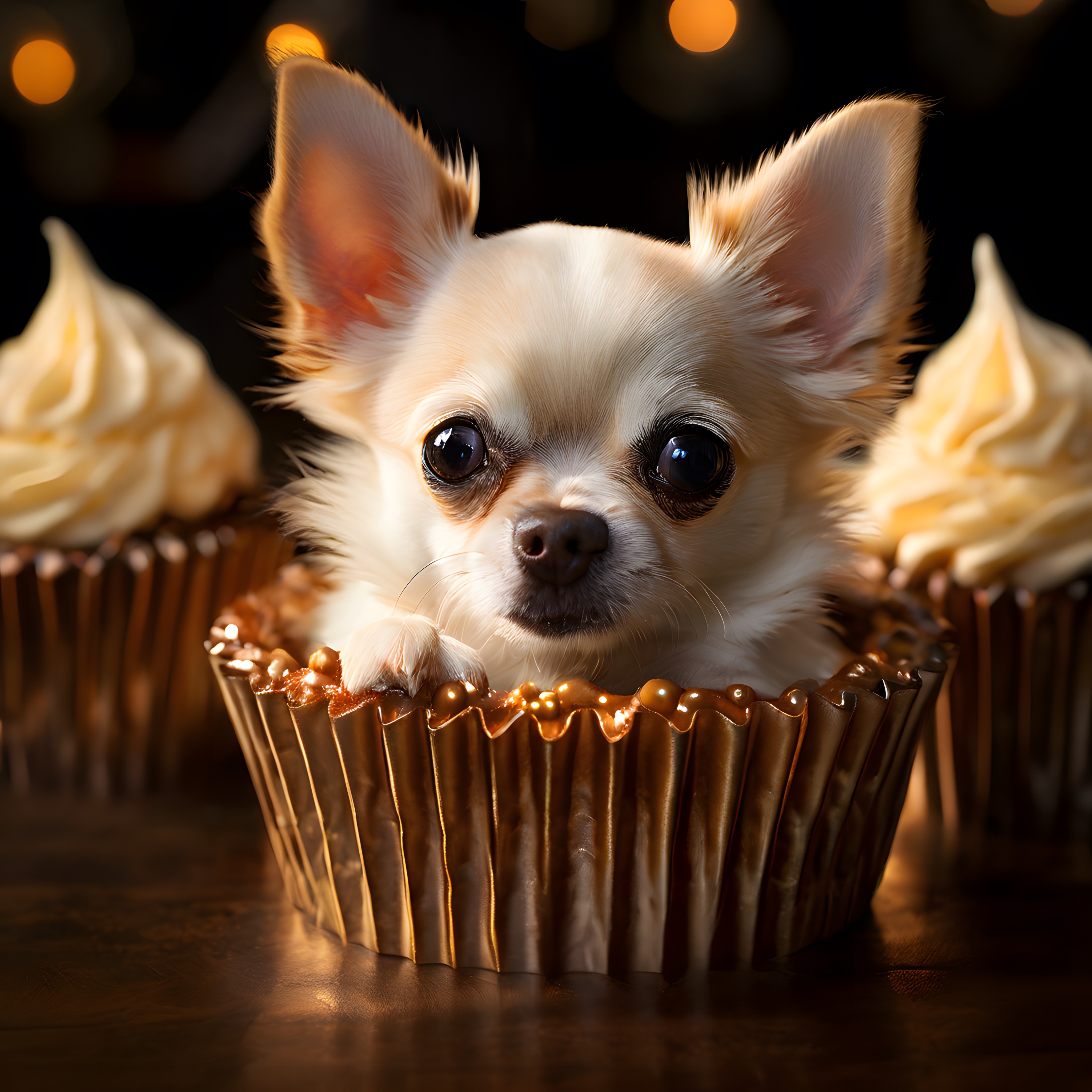 Cupcake Kılıfında Oturan Sevimli Chihuahua Yavrusu ve Tatlı Cupcake'ler