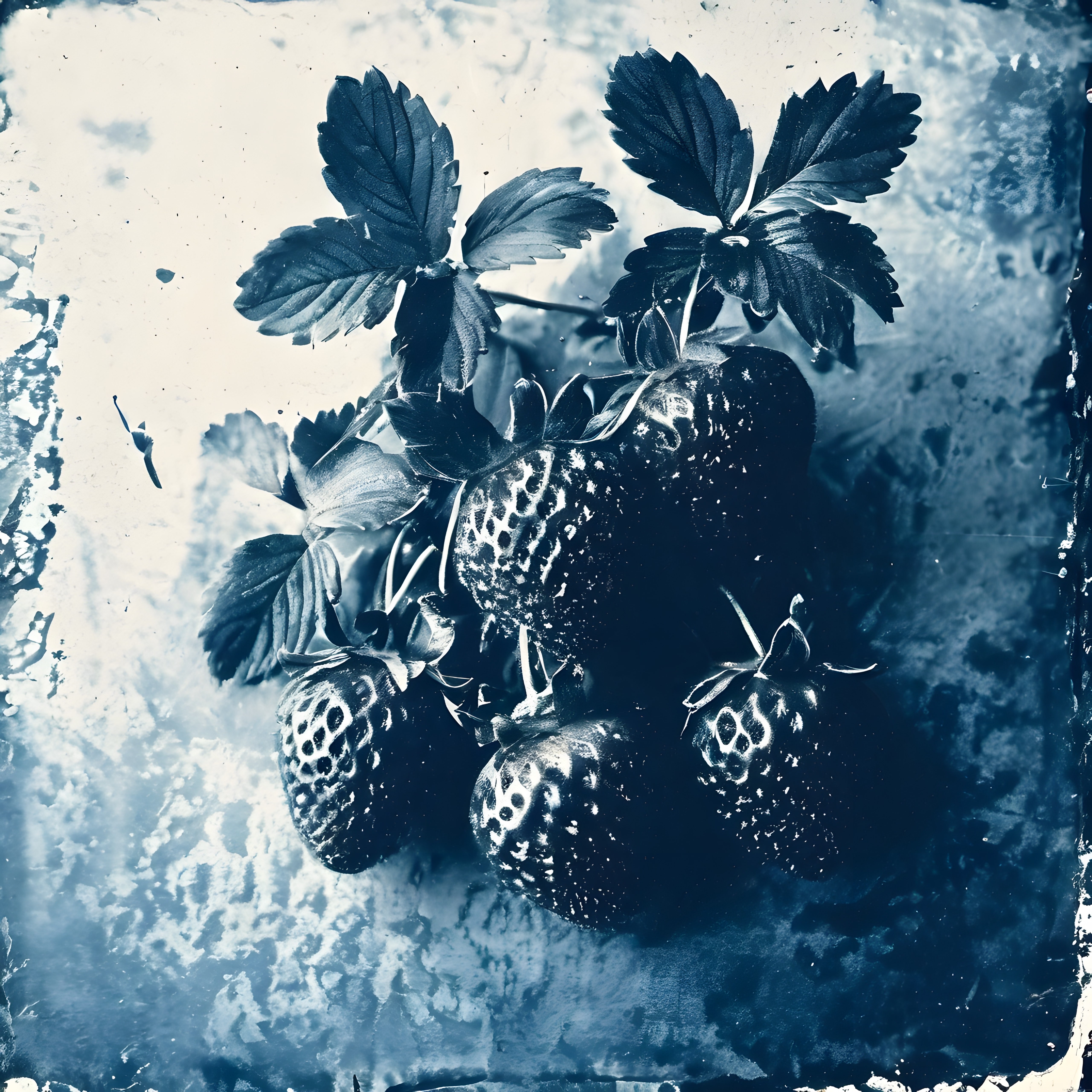 Cyanotype Tekniğiyle Antik Çilek Baskısı: Vintage Botanik Fotoğraf Sanatı