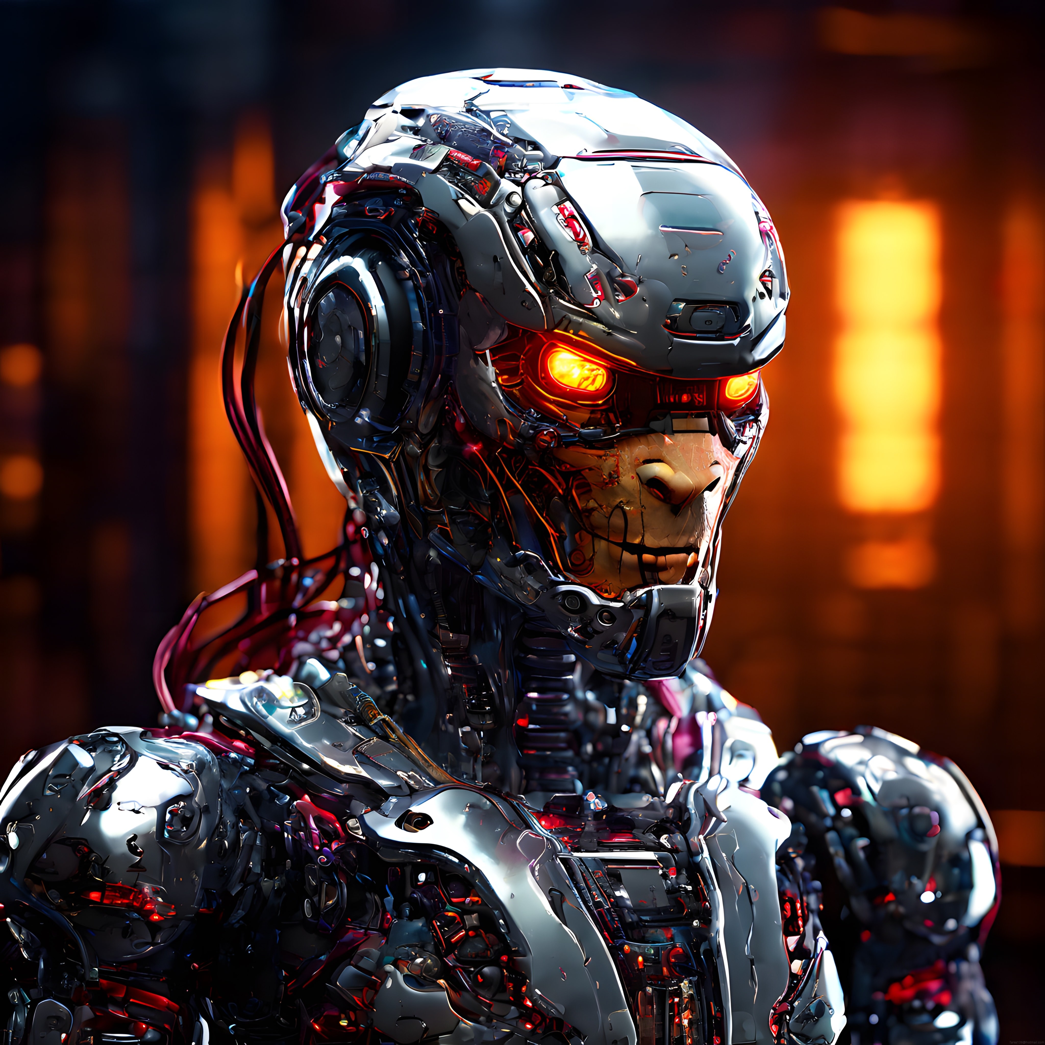cyberpunk android portresi metalik robot ve parlayan sarı gözler