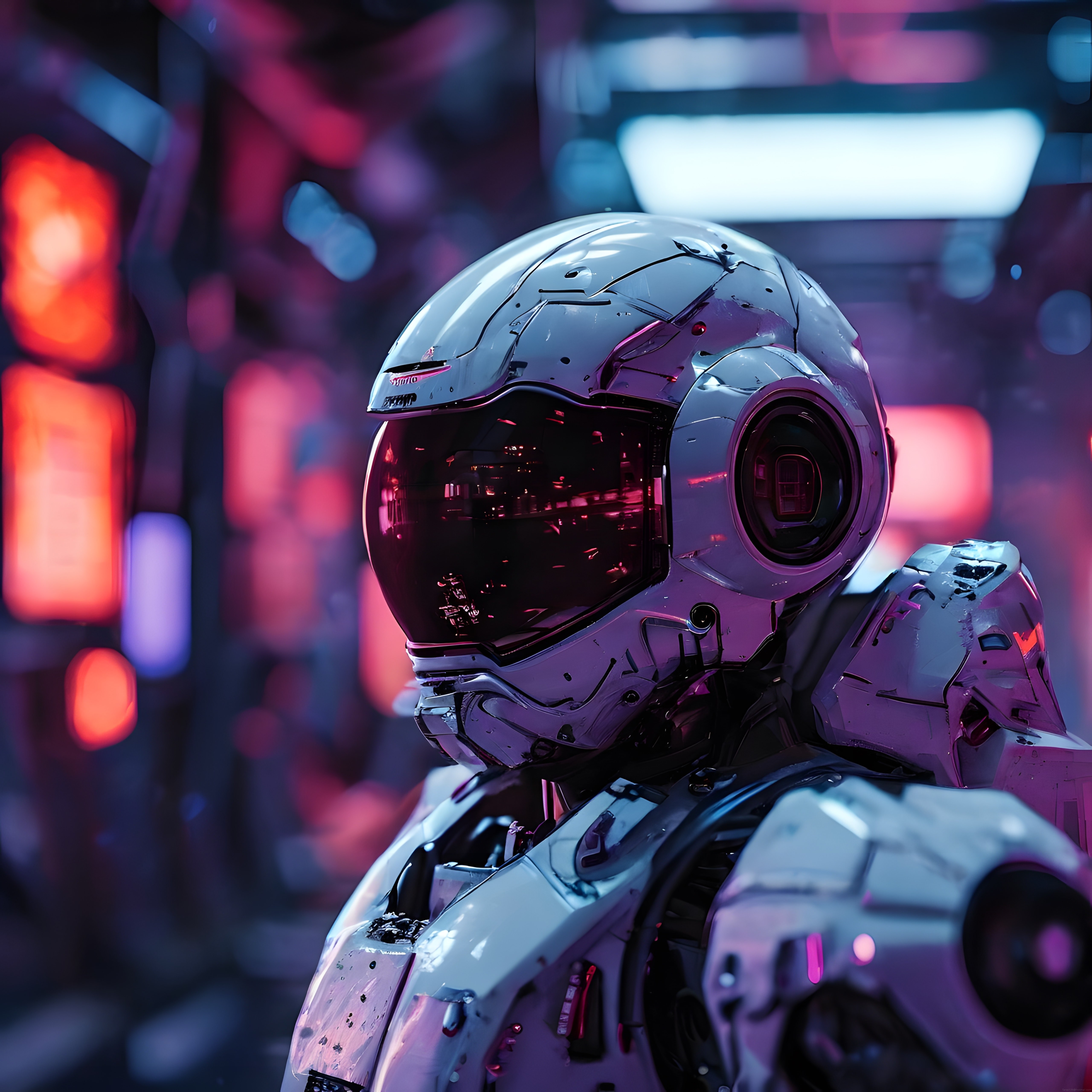 Cyberpunk Astronot Kaskı: Neon Işıklar Altında Gelecekçi Zırh ve Teknoloji