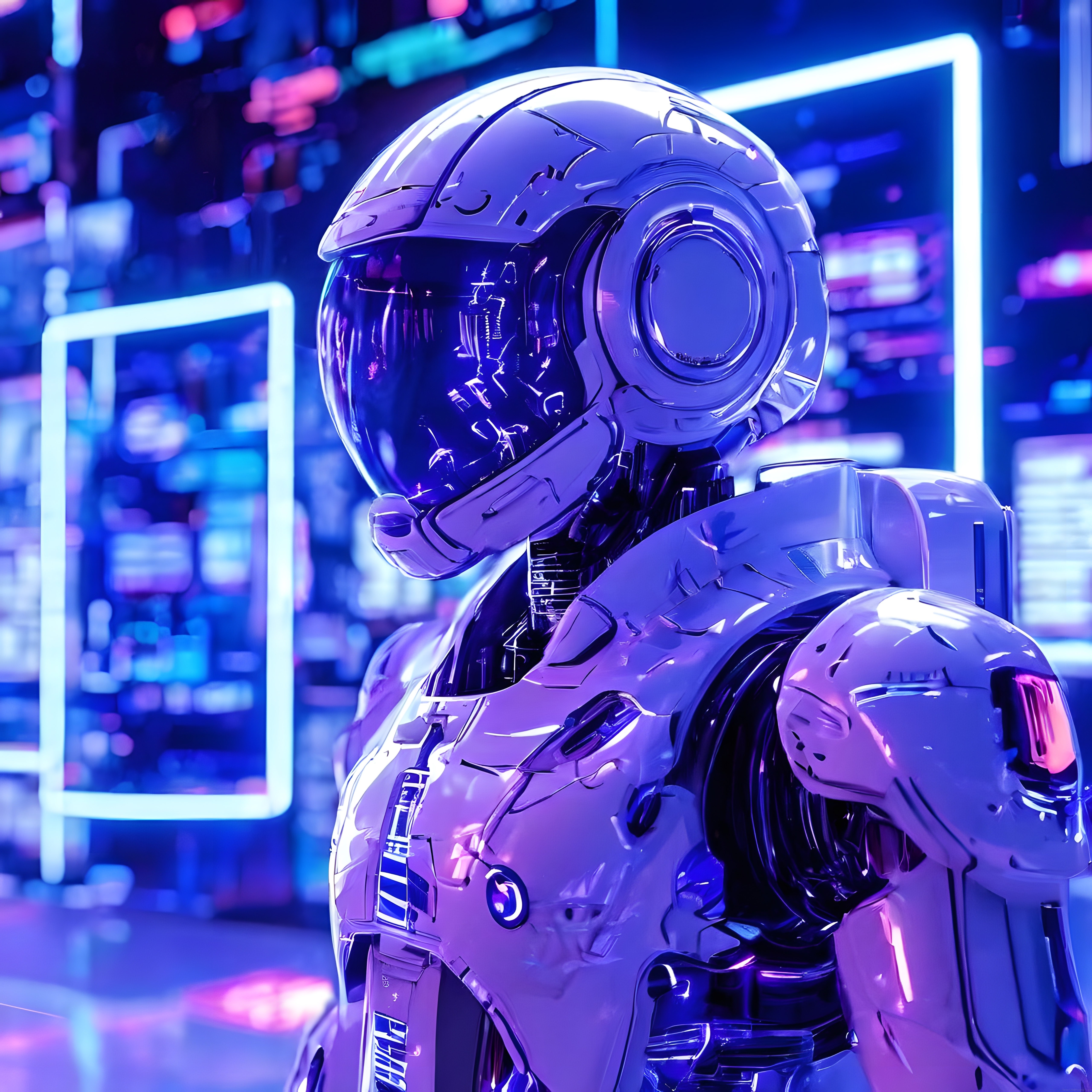 Cyberpunk Astronot: Neon Işıklı Gelecek Şehrinde Robotik Zırhlı Kaşif