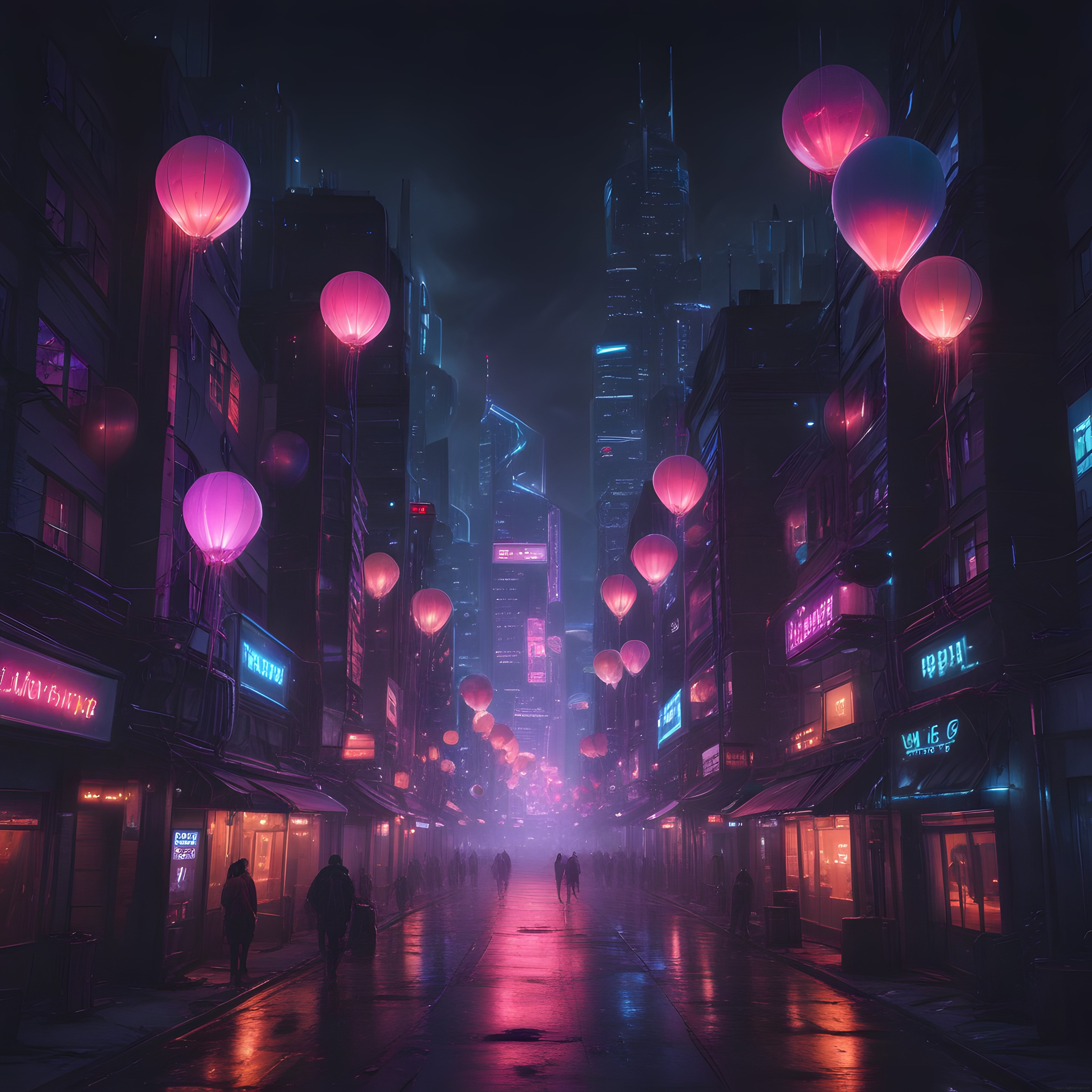 Cyberpunk Asya Metropolü: Neon Yansımaları ve Uçan Fenerlerle Gizemli Gece
