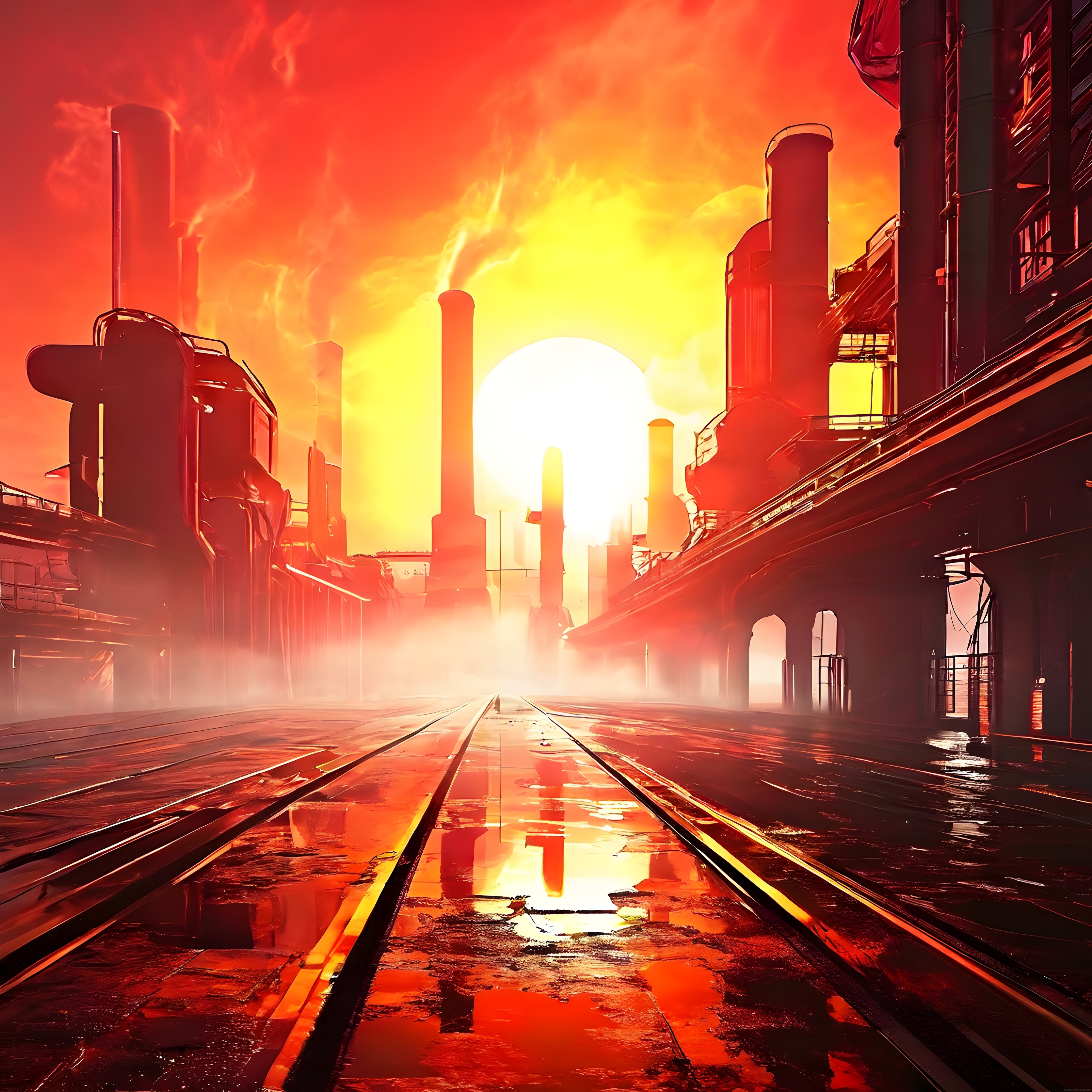 Cyberpunk Atmosferde Kızıl Günbatımında Islak Yollar ve Gelecek Şehri