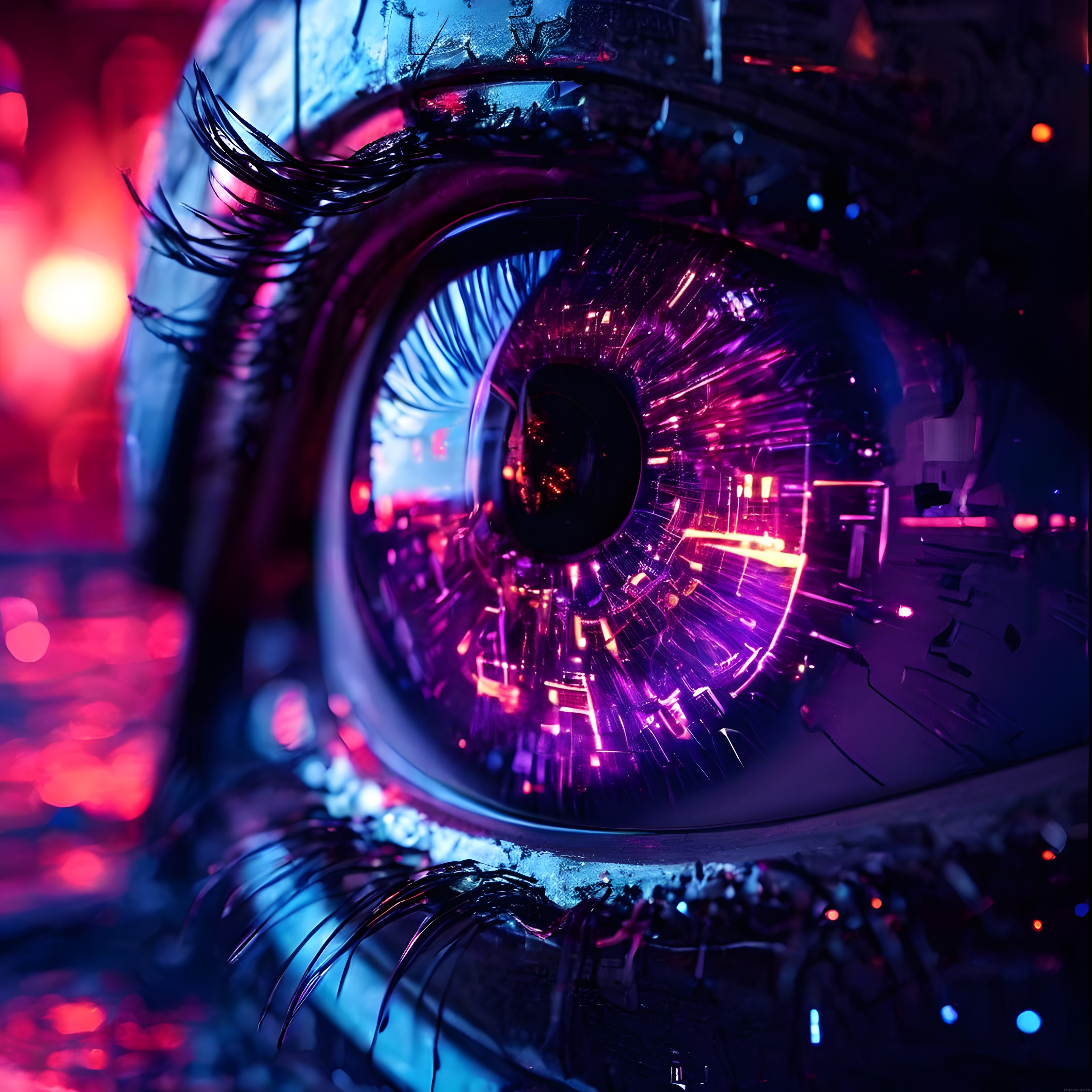 Cyberpunk Atmosferde Neon Göz ve İçinde Yansıyan Gelecek Şehir Işıkları