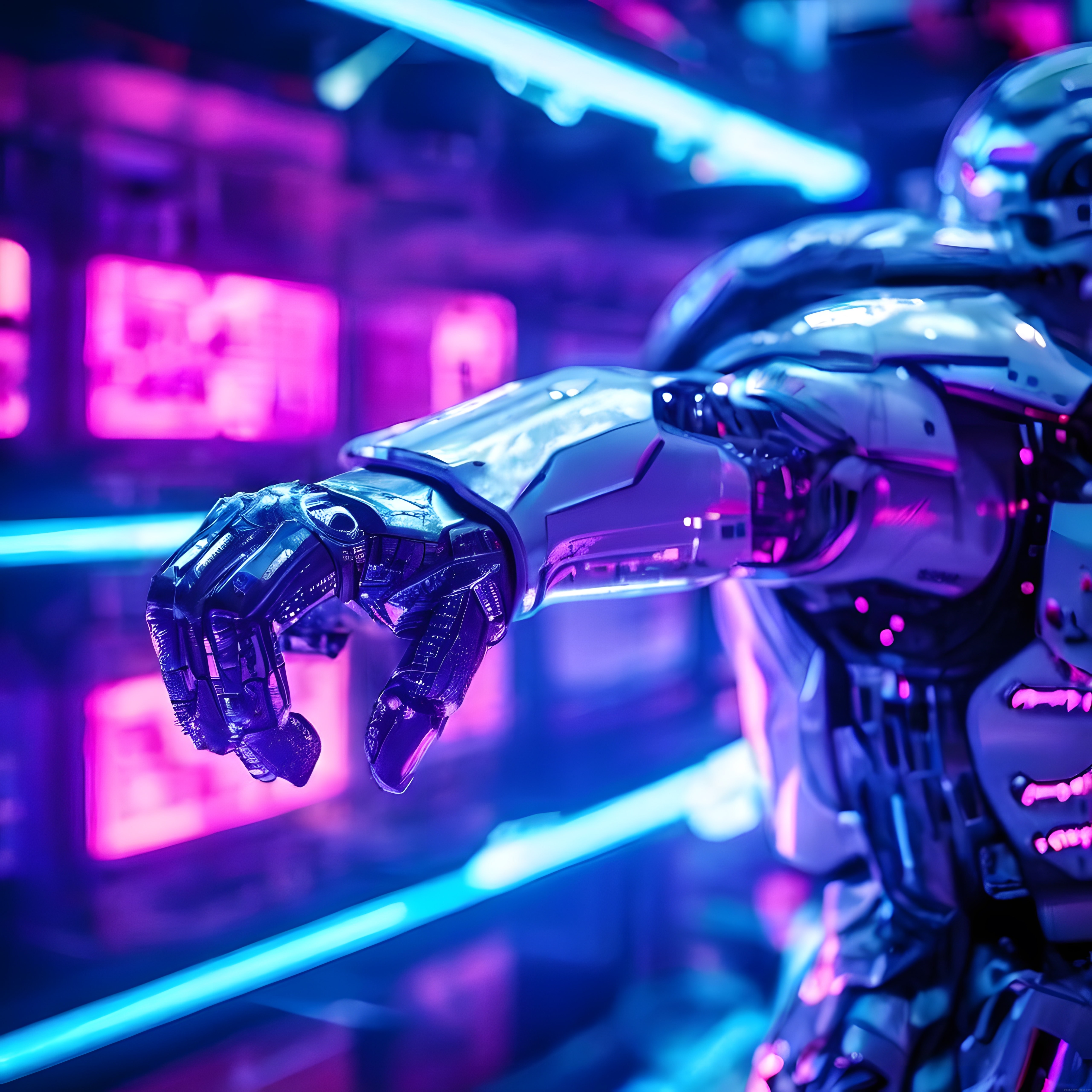 Cyberpunk Atmosferde Neon Işıklarla Süslenmiş Geleceğin İnsansı Robotu