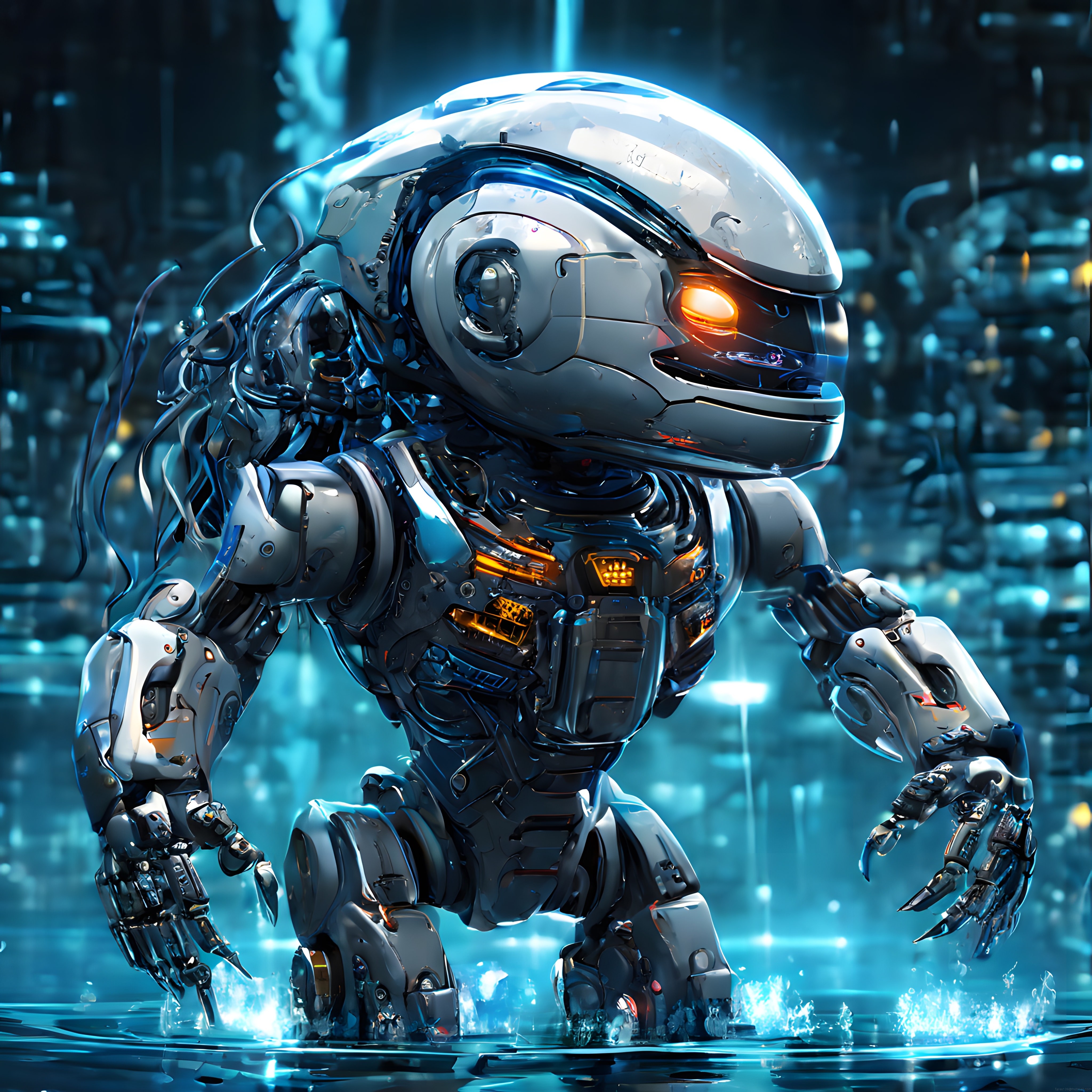 Cyberpunk atmosferde parlayan gözleriyle geleceğin gelişmiş insansı robotu Cyberpunk atmosferde parlayan gözleriyle geleceğin gelişmiş insansı robotu