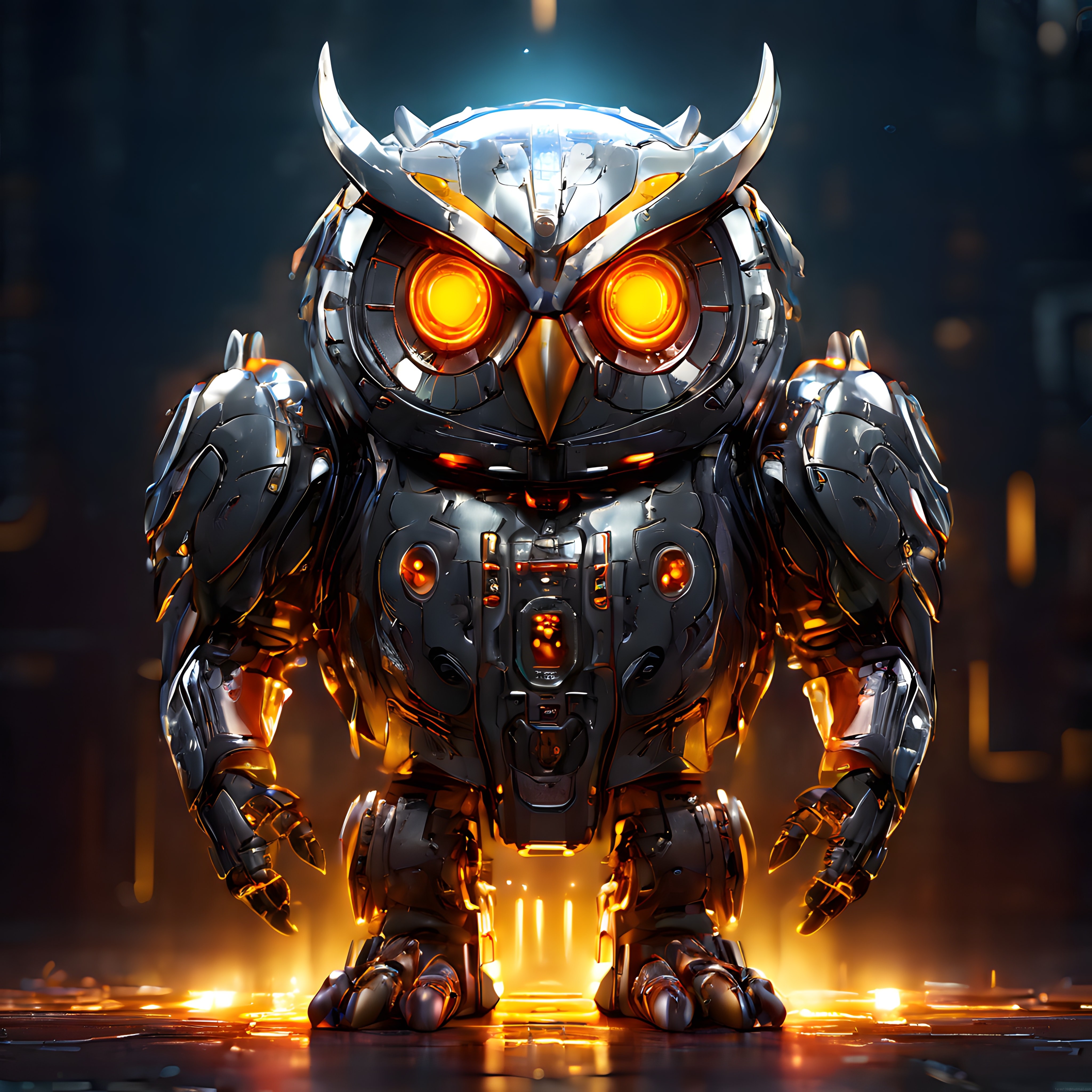 Cyberpunk Atmosferde Parlayan Gözleriyle Görkemli Metalik Robot Baykuş