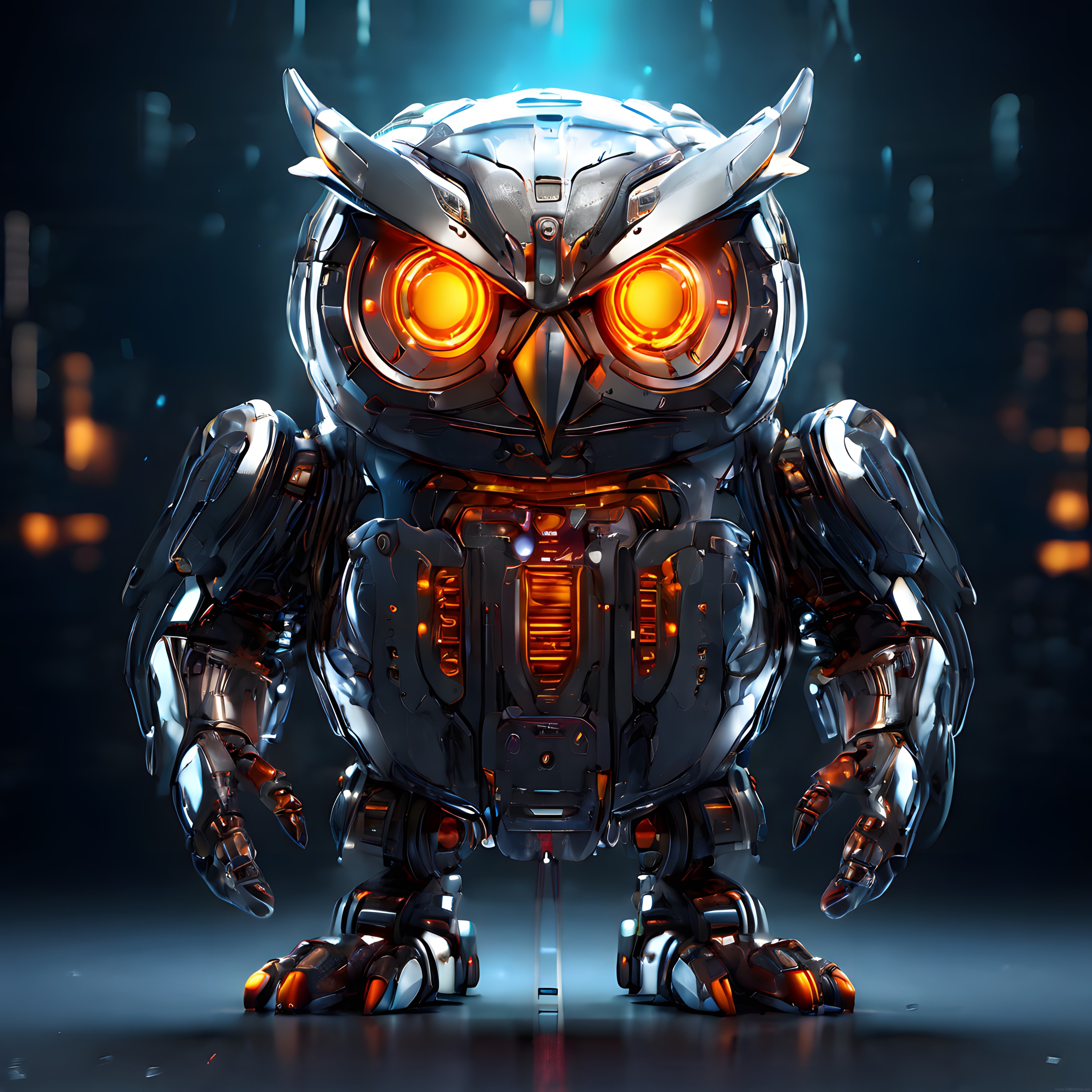 Cyberpunk atmosferde parlayan gözleriyle metalik mekanik baykuş robot