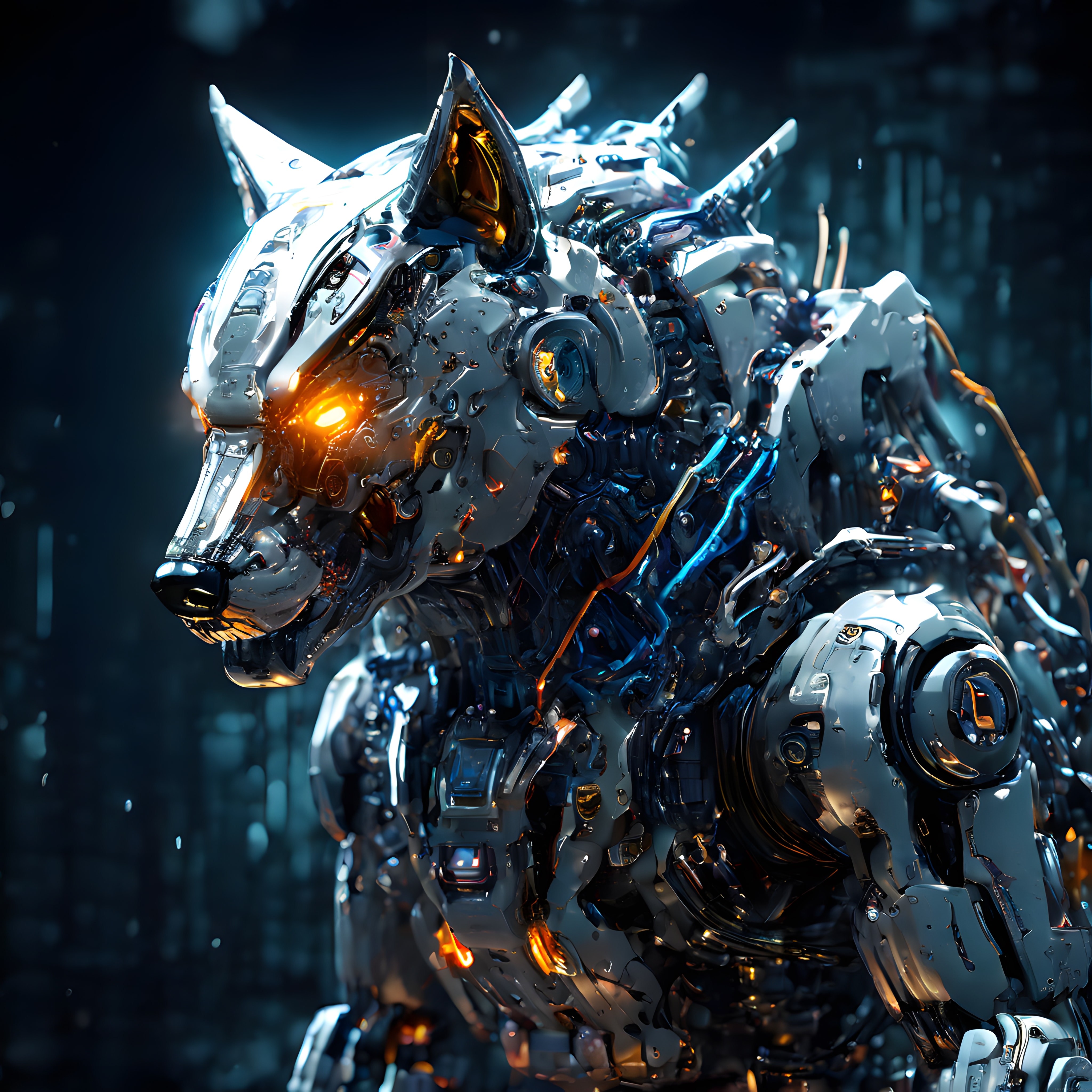 Cyberpunk atmosferde parlayan gözleriyle ultra detaylı metal mekanik kurt