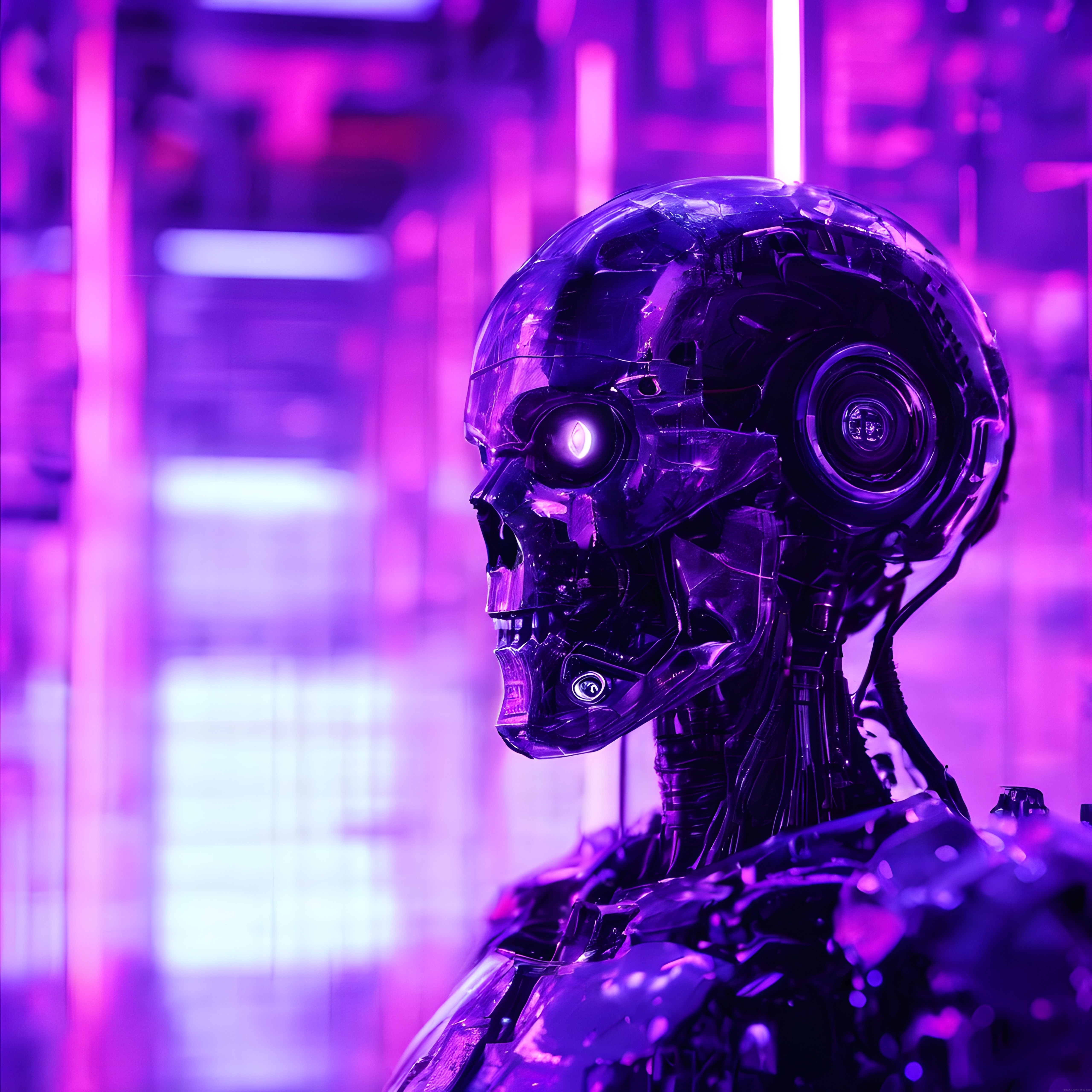 Cyberpunk atmosferde parlayan gözlü metal robot başlığı ve yapay zeka teması