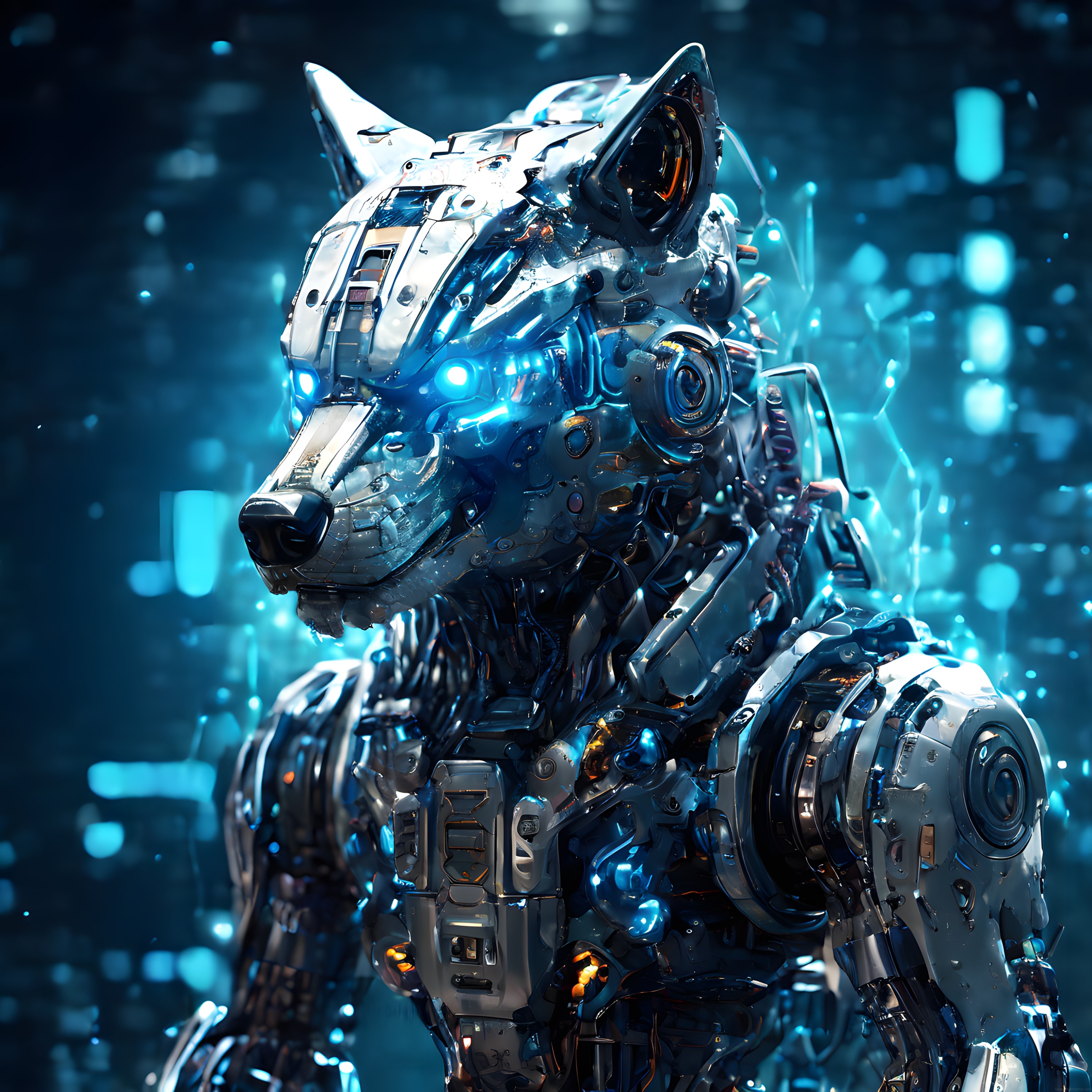 cyberpunk atmosferde parlayan mavi gözlere sahip metal mekanik kurt robot portresi