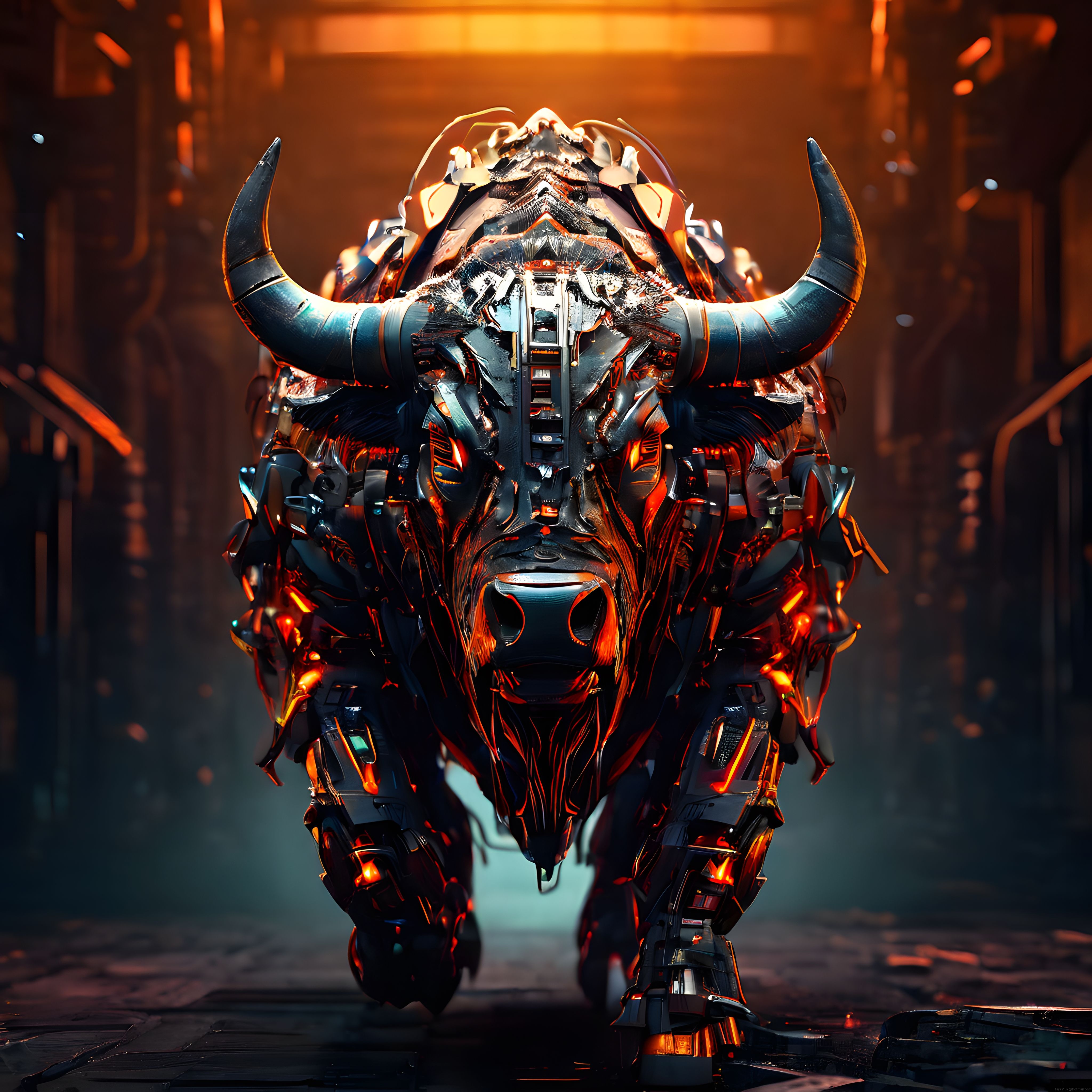 Cyberpunk Atmosferde Parlayan Mekanik Boğa Kafası Dijital Sanat Çalışması