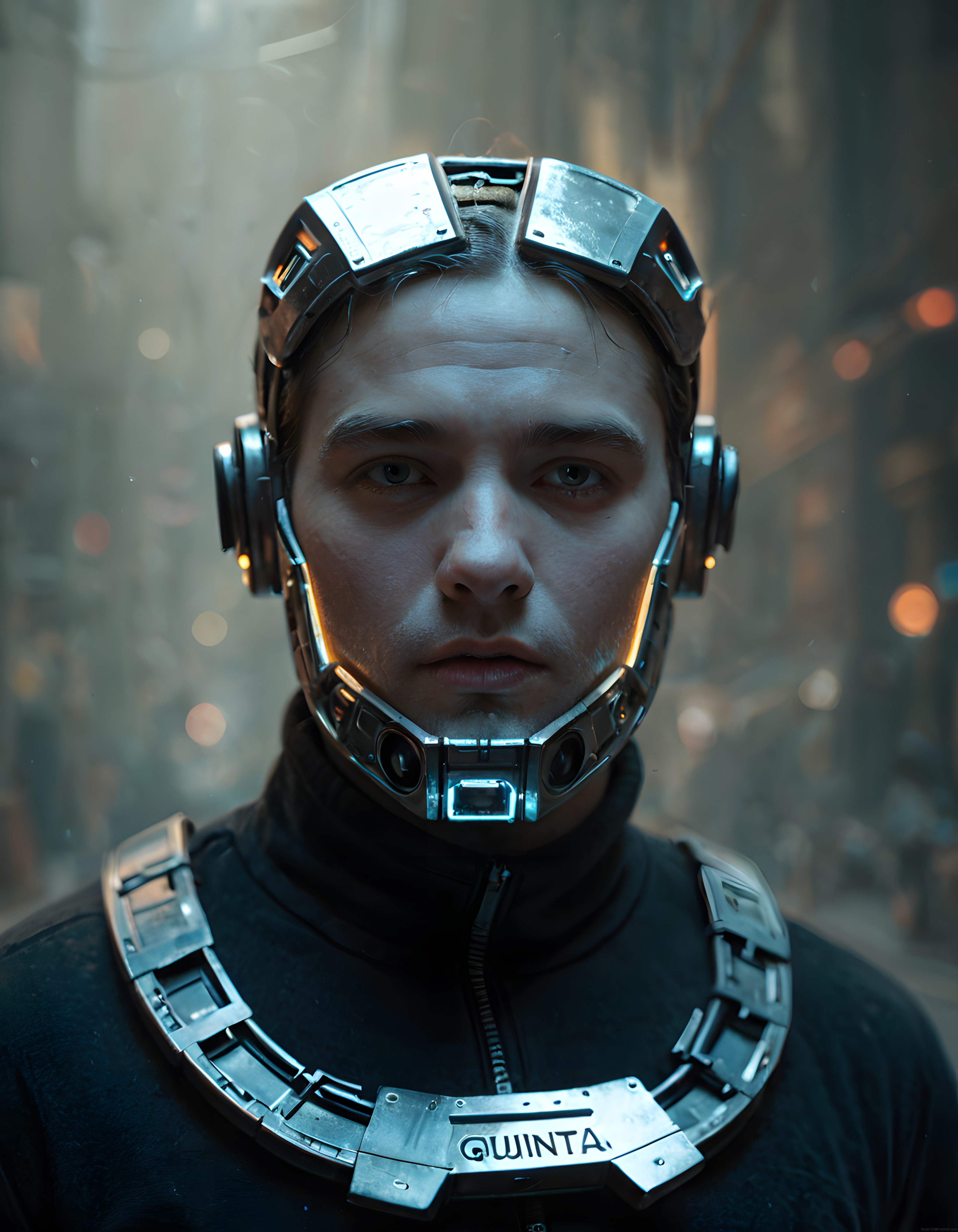 cyberpunk atmosferinde metal zırhlı geleceğin askeri portresi ve teknolojik detaylar
