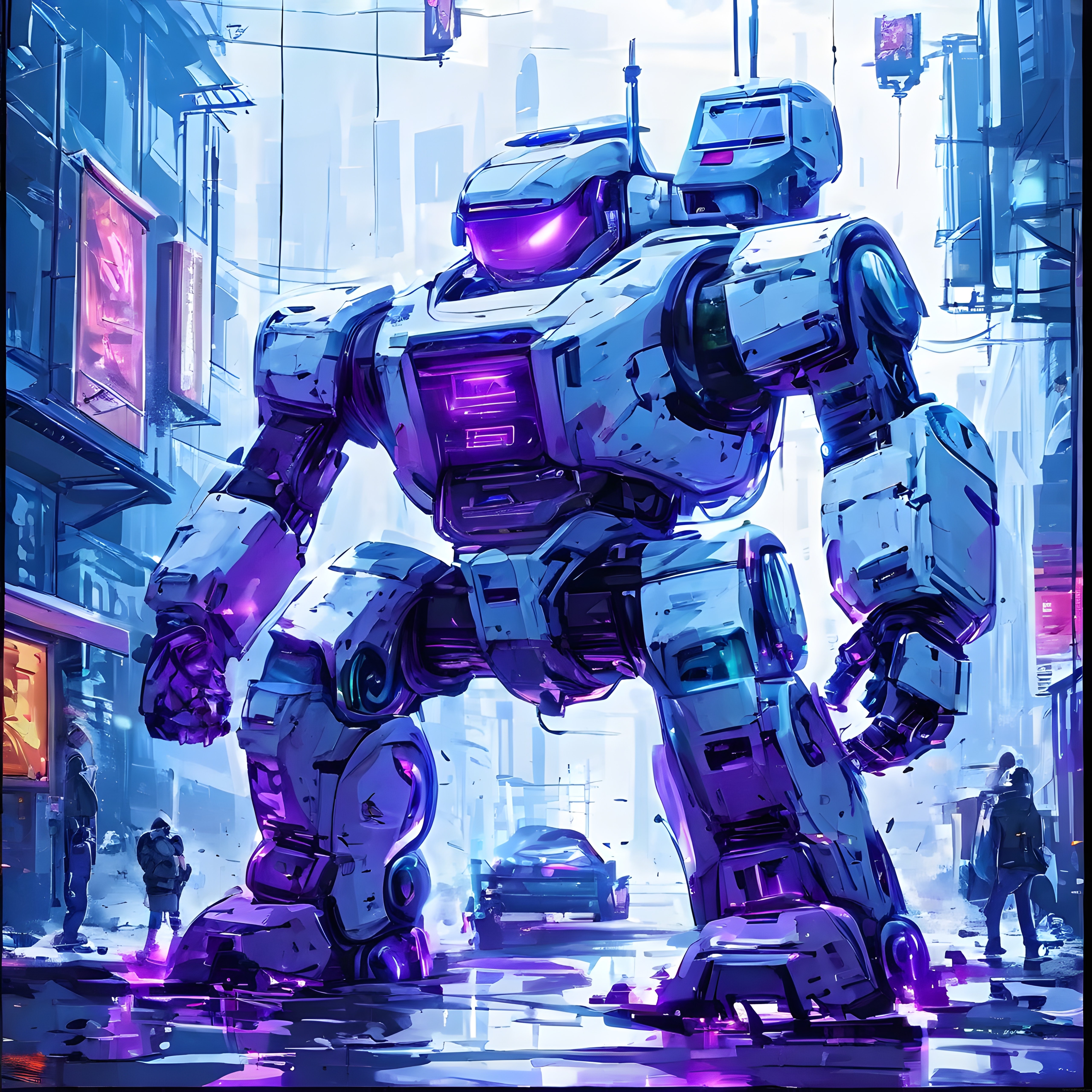 Cyberpunk Atmosferli Gelecek Şehrinde Dev Mecha Robot ve Yürüyen İnsanlar