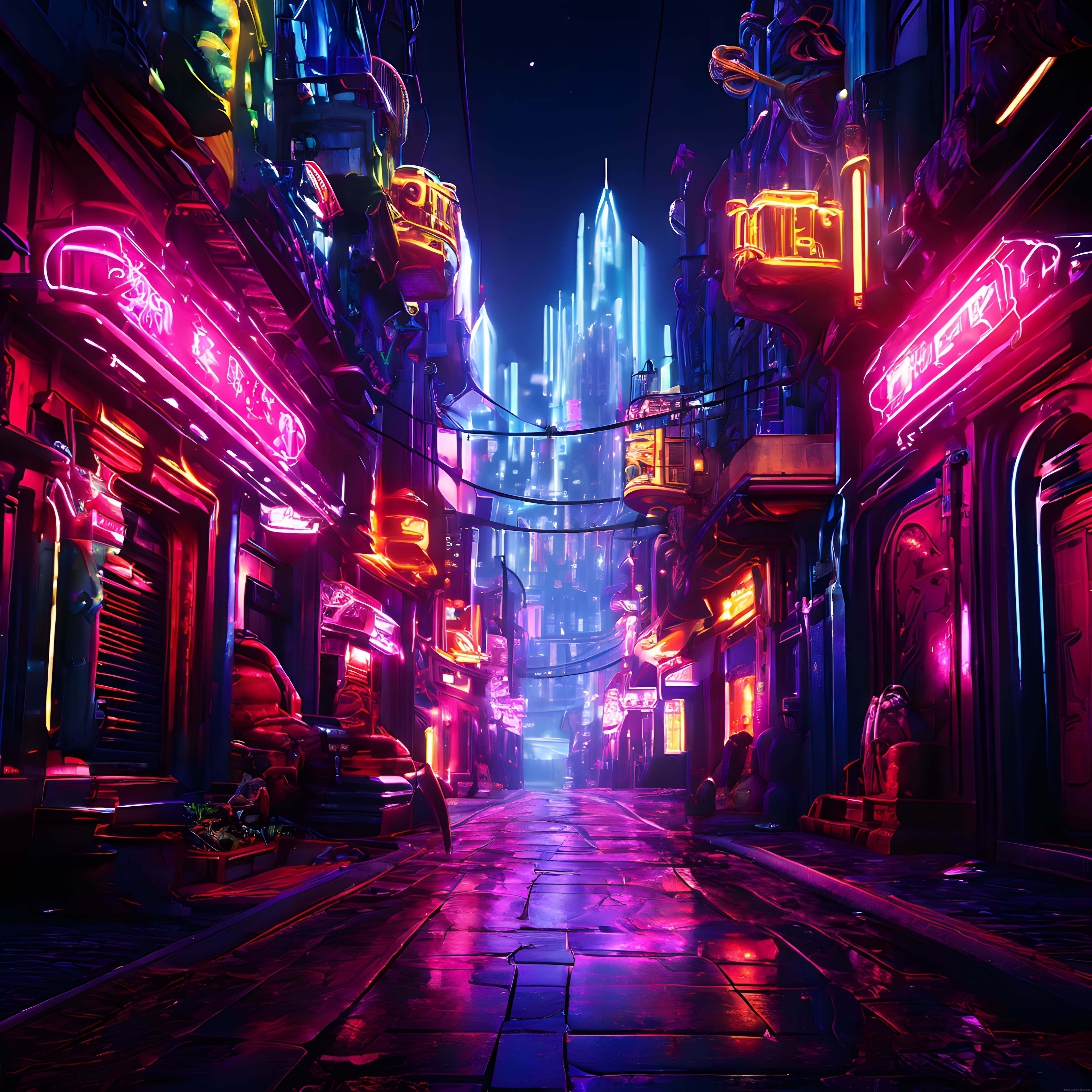 Cyberpunk Atmosferli Neon Sokağı ve Uzakta Göz Kamaştıran Gökdelenler