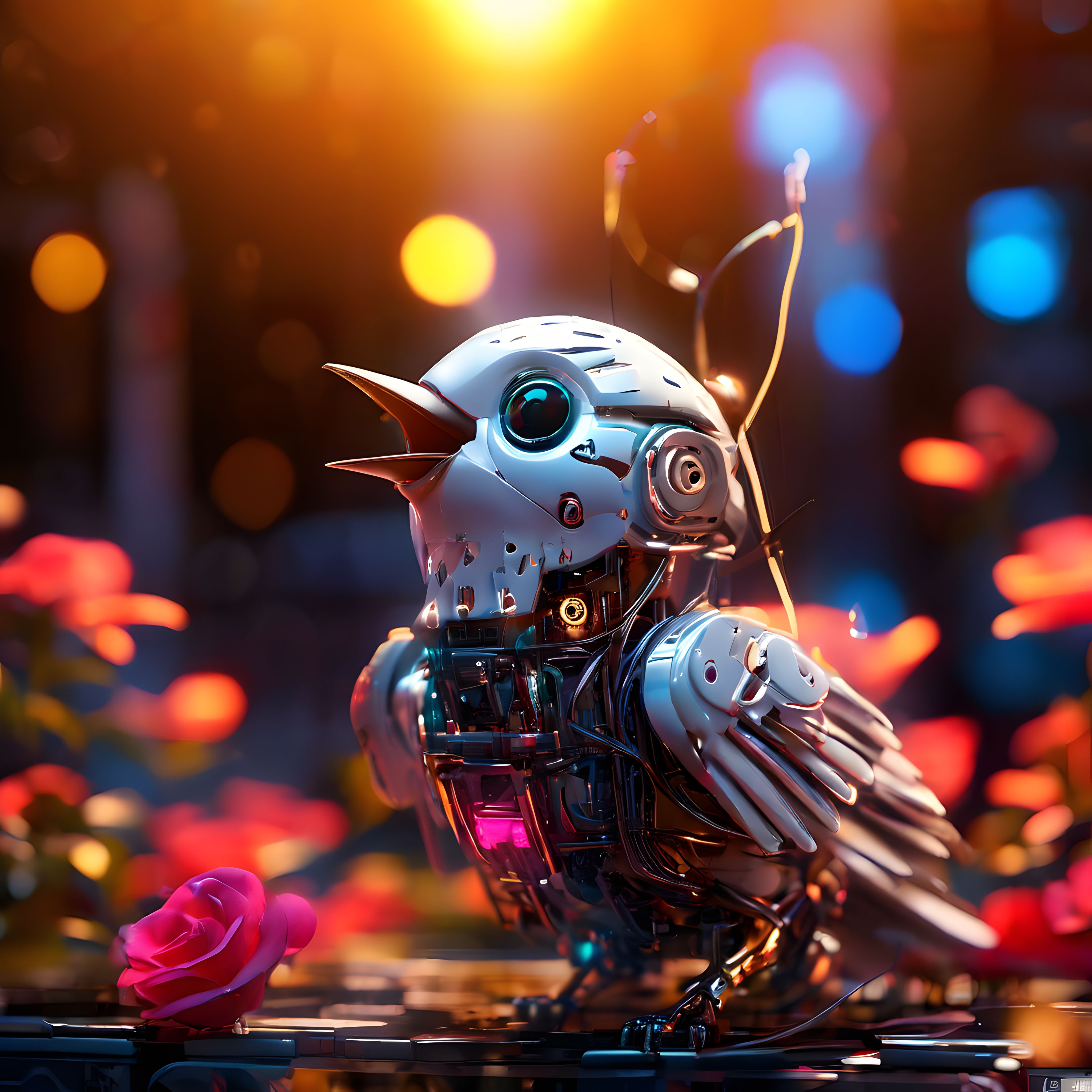 Cyberpunk Aydınlatmalı Arka Planda Gülün Yanındaki Geleceğin Robotik Kuşu Cyberpunk Aydınlatmalı Arka Planda Gülün Yanındaki Geleceğin Robotik Kuşu