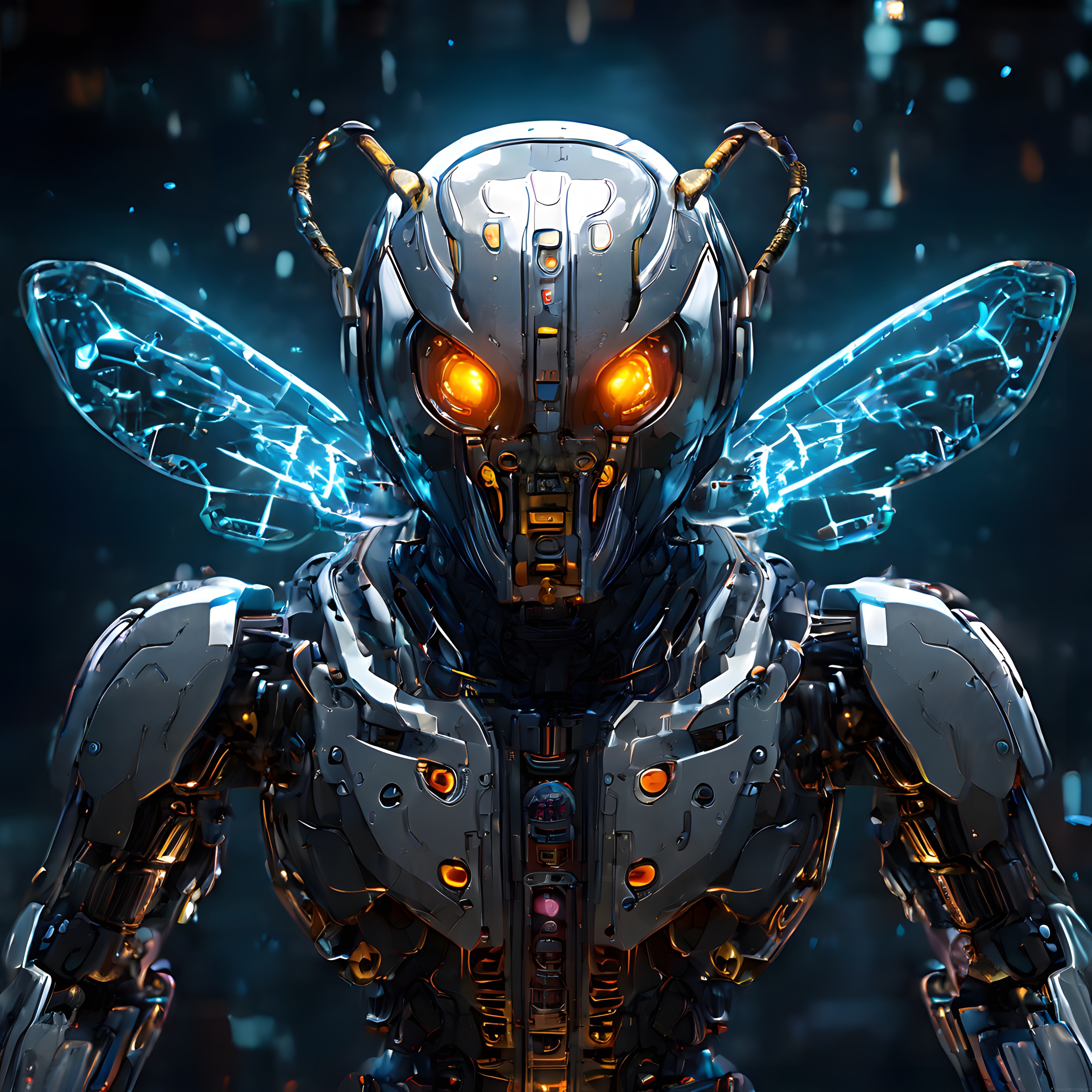 Cyberpunk Biyonik Arı Robot: Parlayan Turuncu Gözler ve Mavi Enerji Kanatları