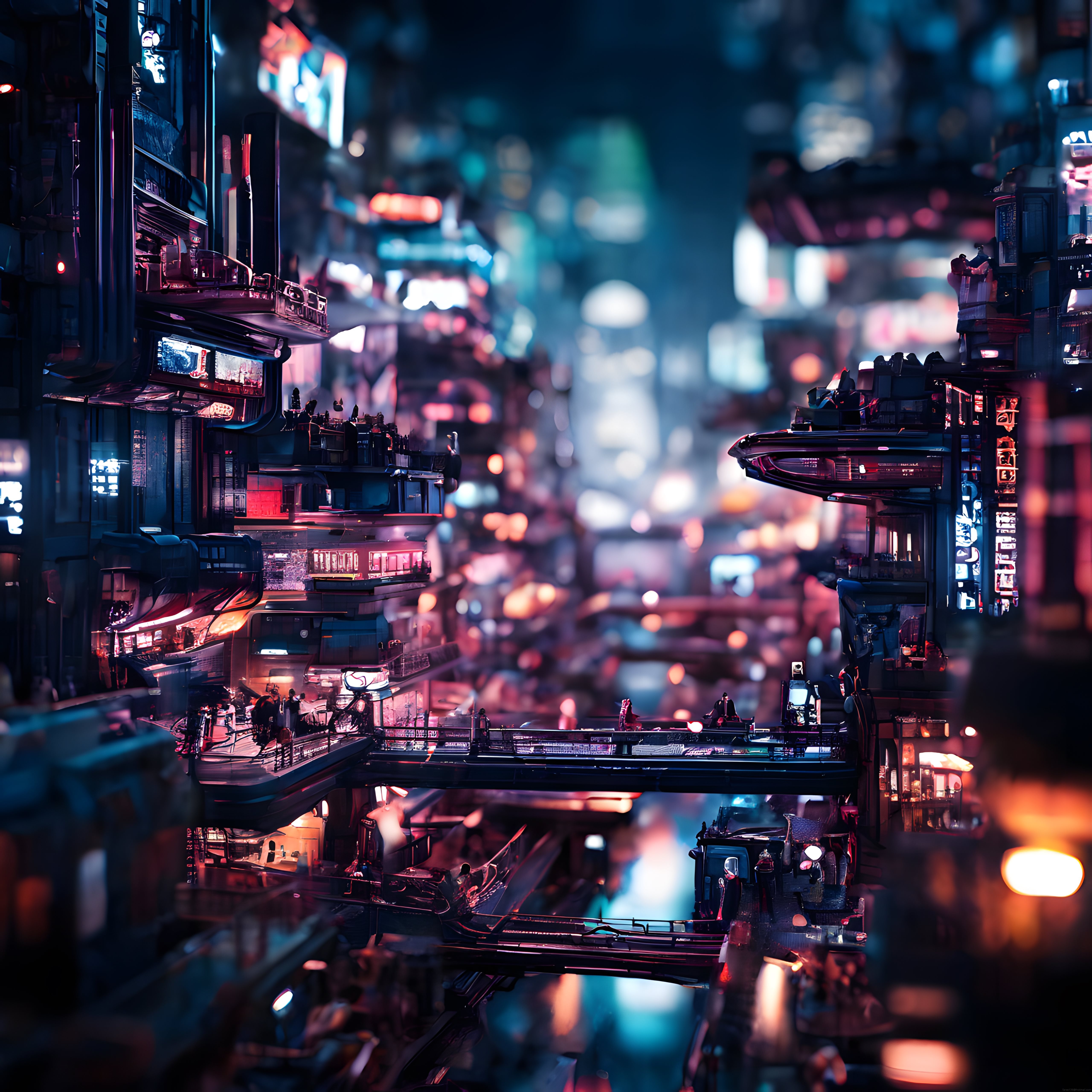 cyberpunk distopik gece şehir manzarası neon ışıklı platformlar ve köprüler