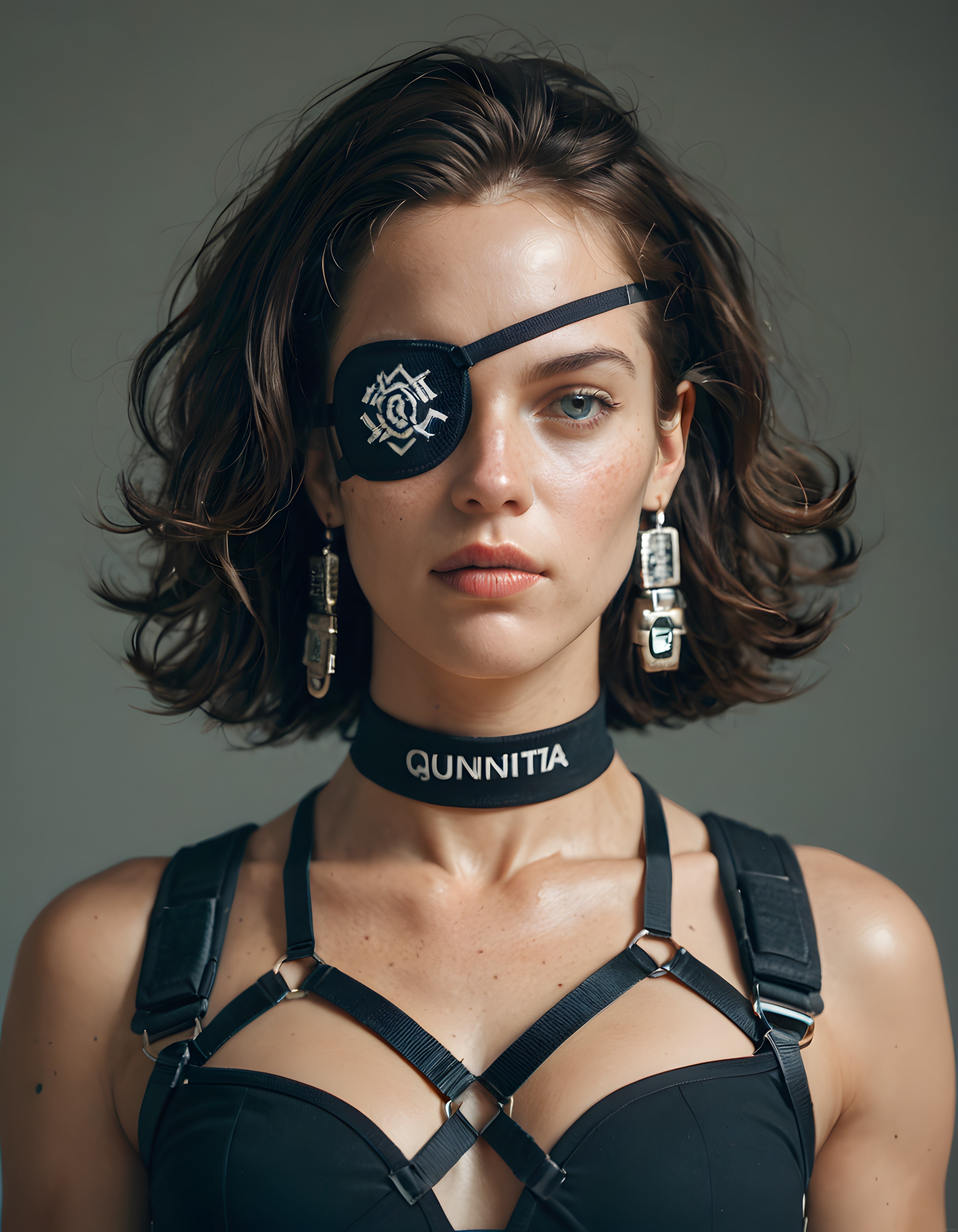 Cyberpunk esintileri taşıyan siyah aksesuarlarla güçlü moda portresi