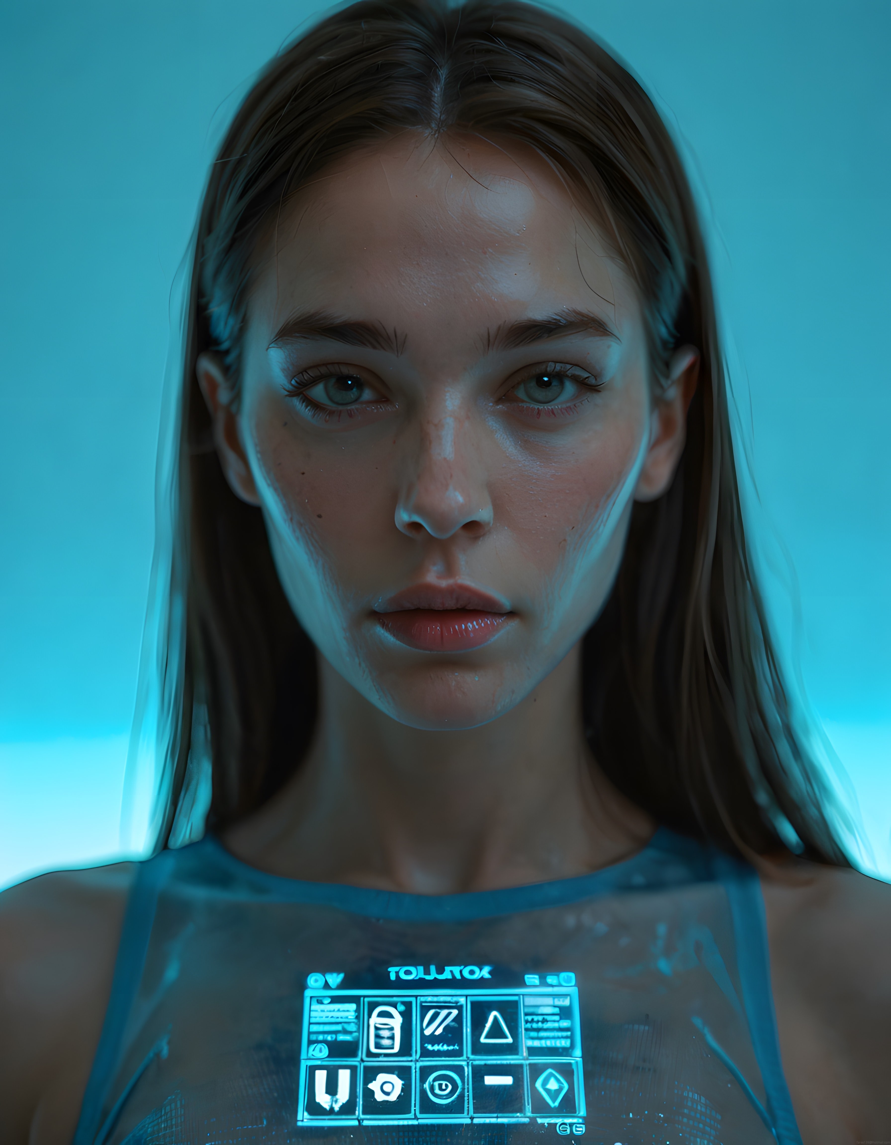 Cyberpunk estetiğinde gelecekçi dijital portre: Mavi holografik arayüzlü bilim kurgu kadın karakteri
