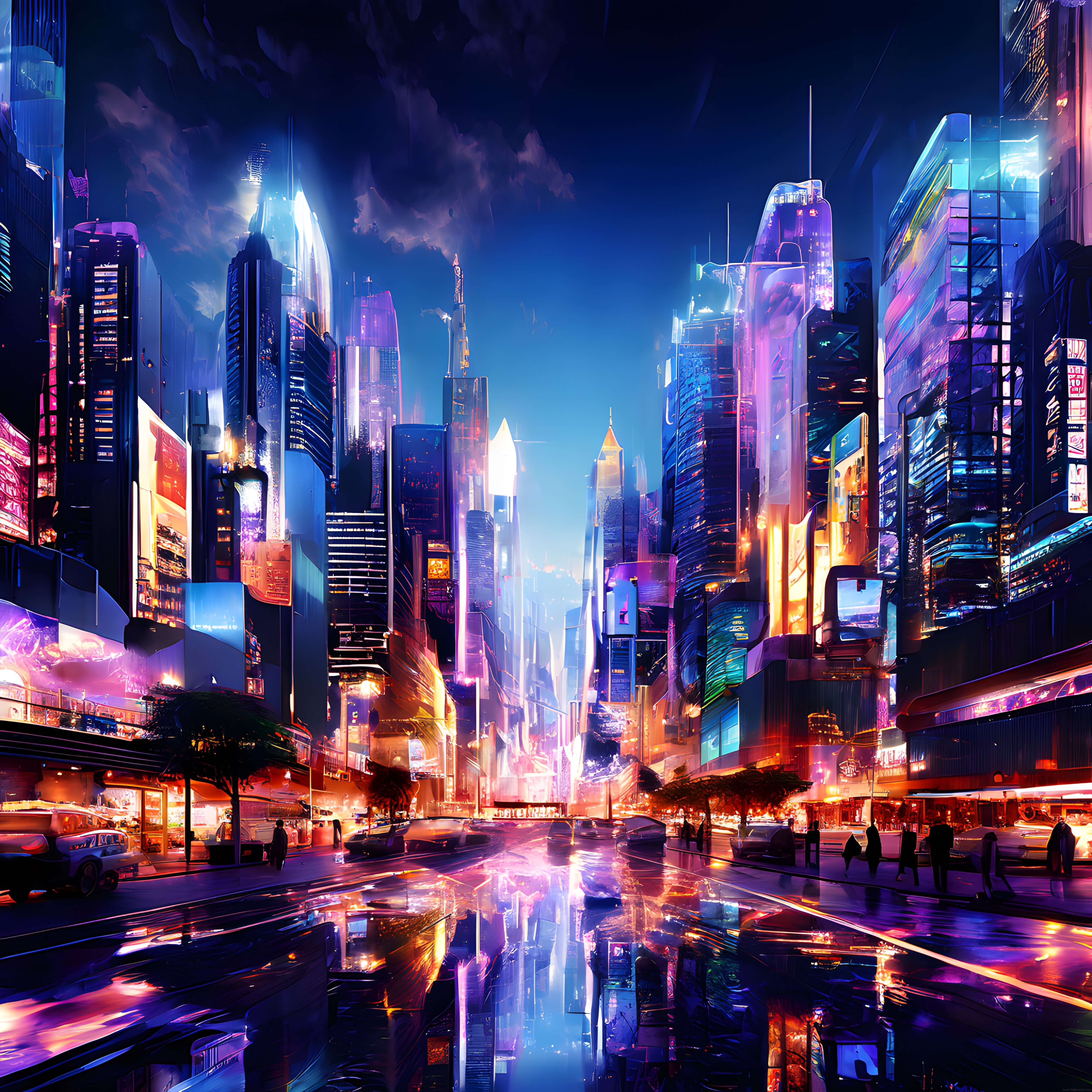 Cyberpunk Geleceğin Neon Şehir Manzarası: Gece Işıkları ve Gökdelenler
