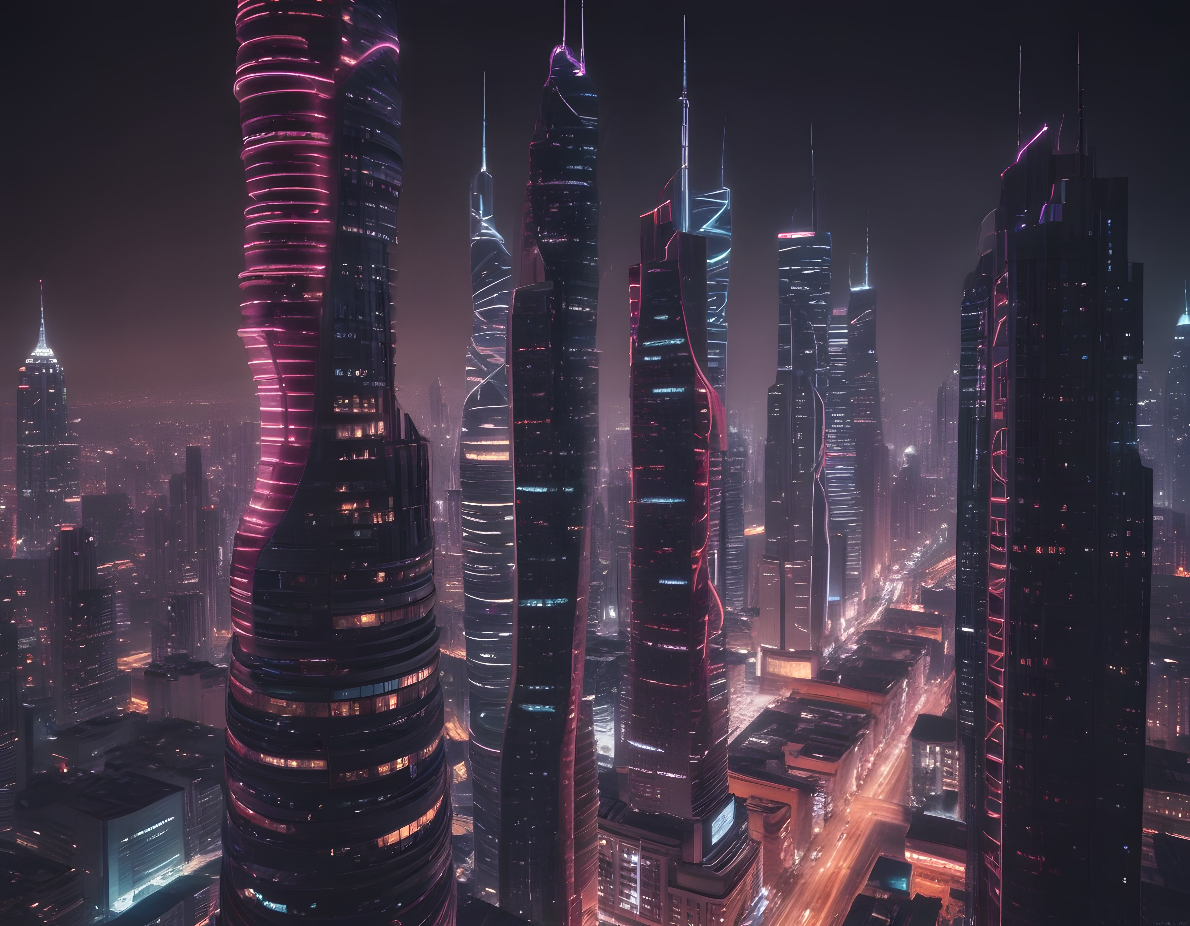 Cyberpunk Gelecek Şehir: Neon Işıklar ve Gökdelenlerle Dolu Gece Manzarası