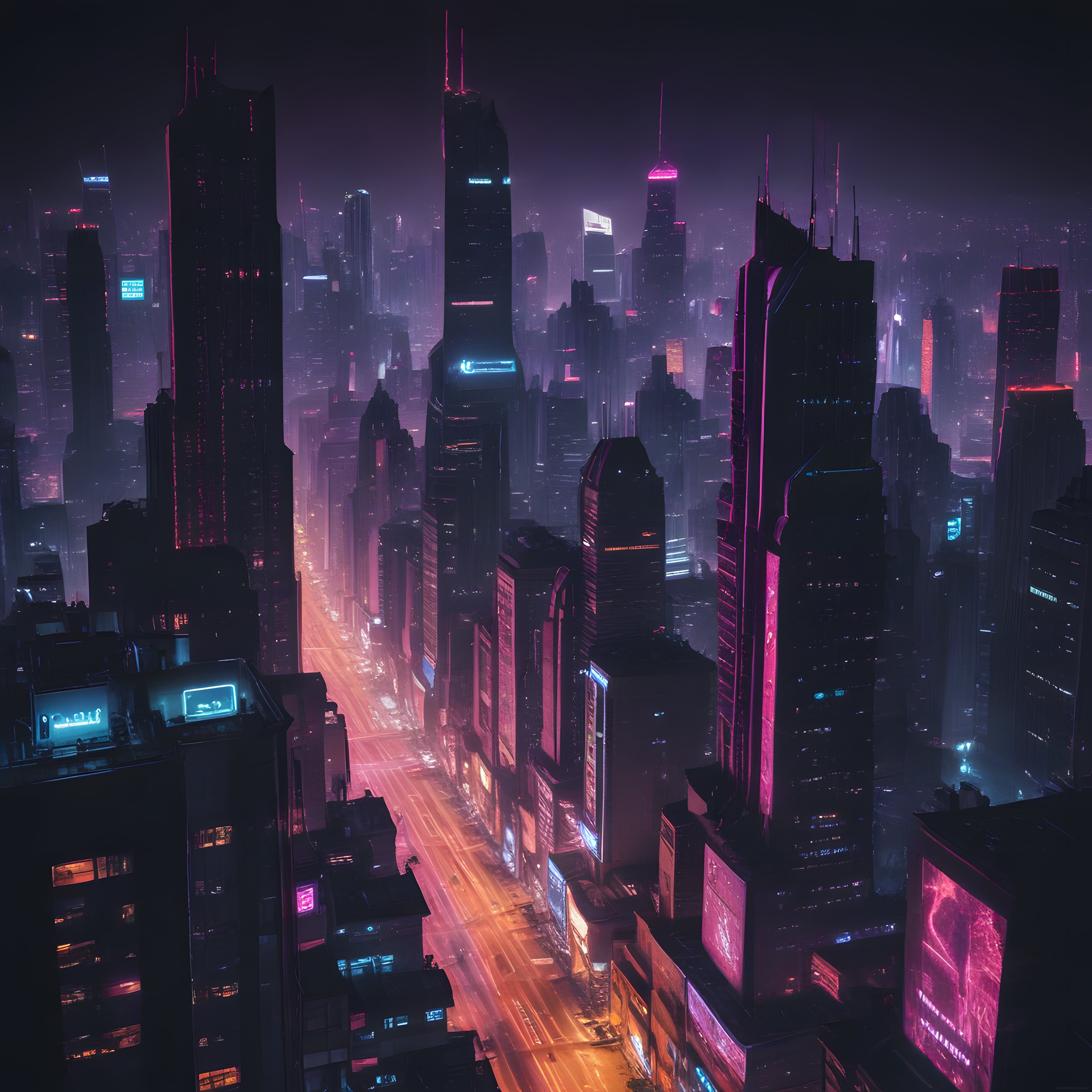 Cyberpunk Gelecek Şehri: Neon Işıklar ve Gökdelenlerle Dolu Gece Manzarası