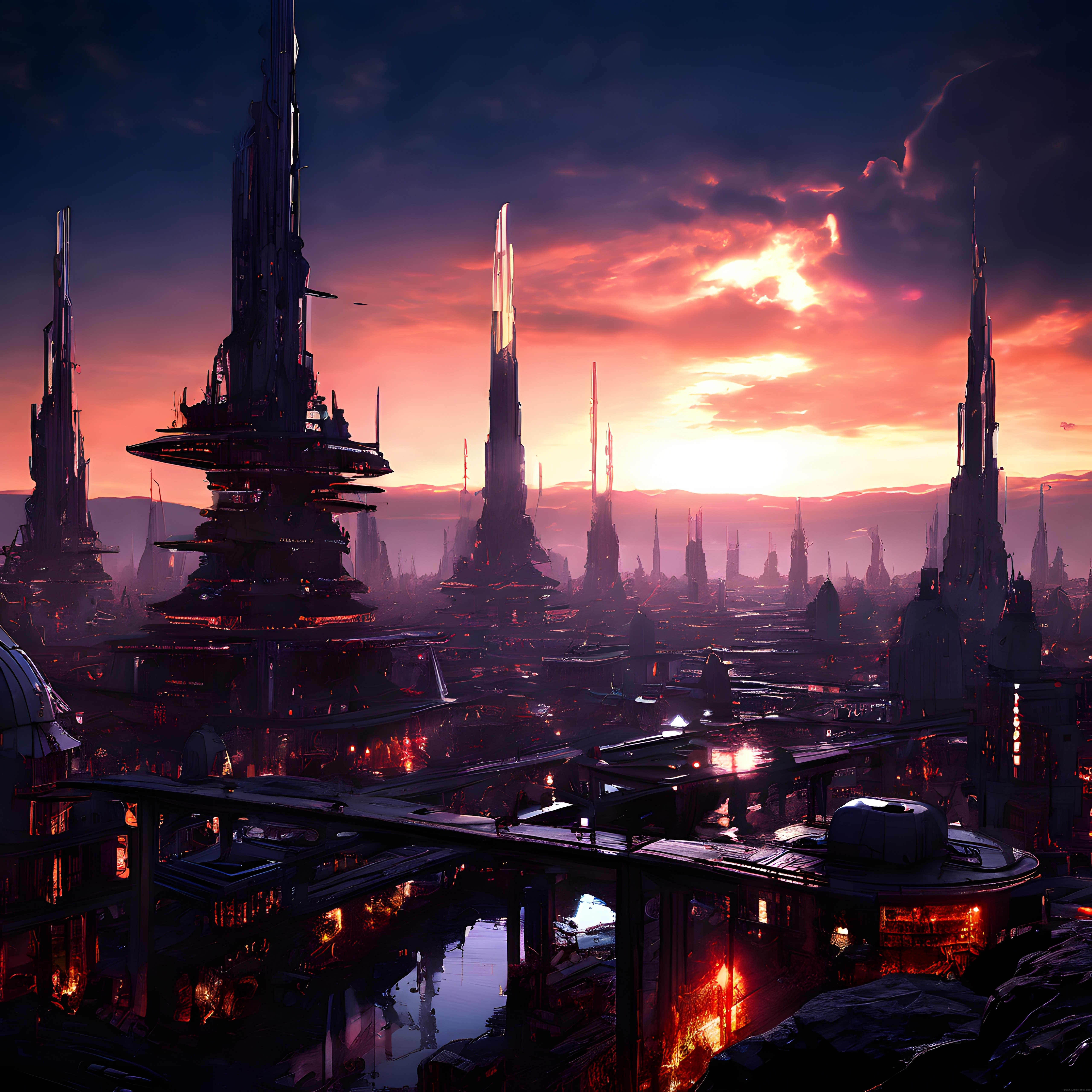 Cyberpunk Gelecek Şehri: Yüksek Kuleler ve Büyüleyici Gün Batımı Manzarası