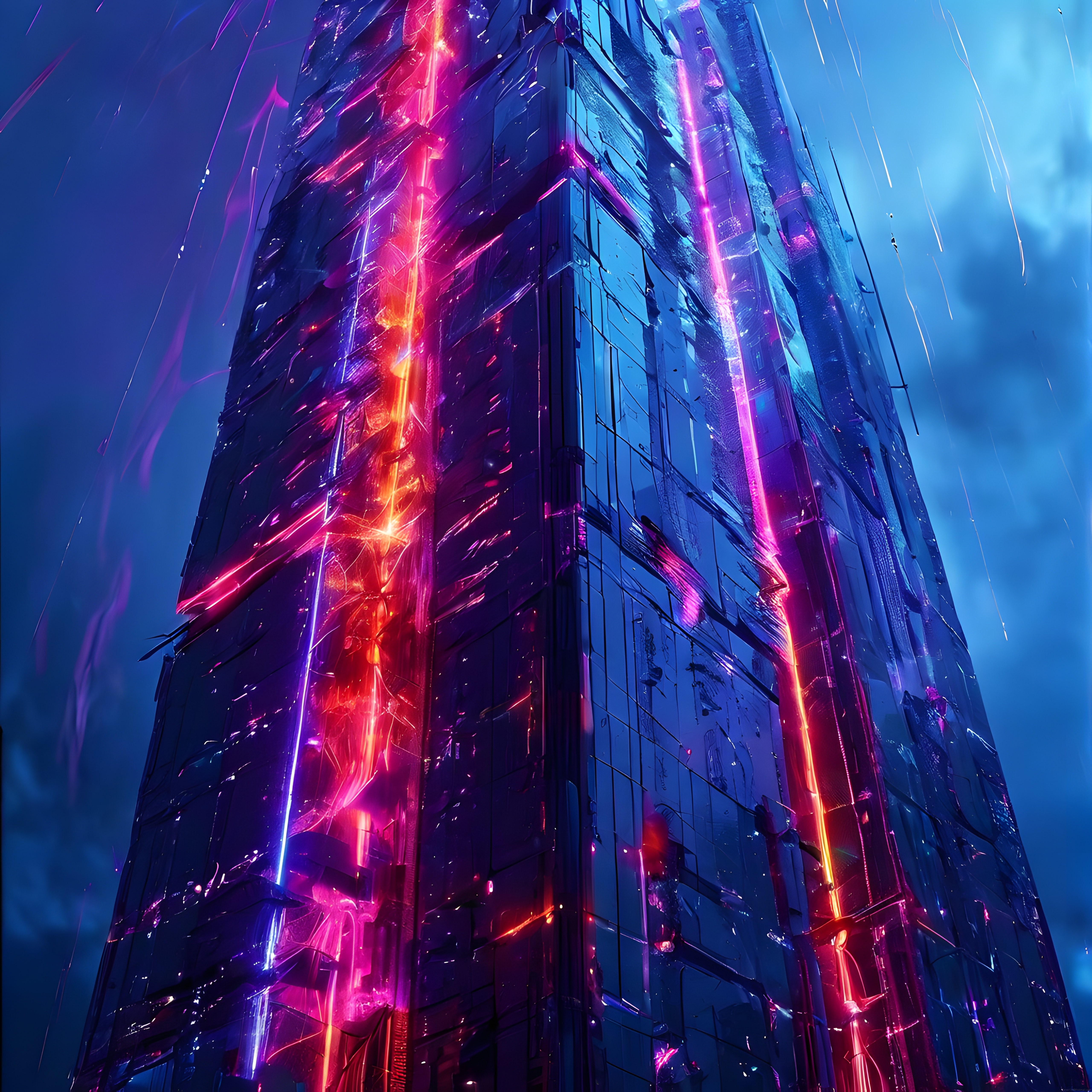 Cyberpunk Gökdelen: Neon Yağmur Altında Fütüristik Dijital Şehir Manzarası