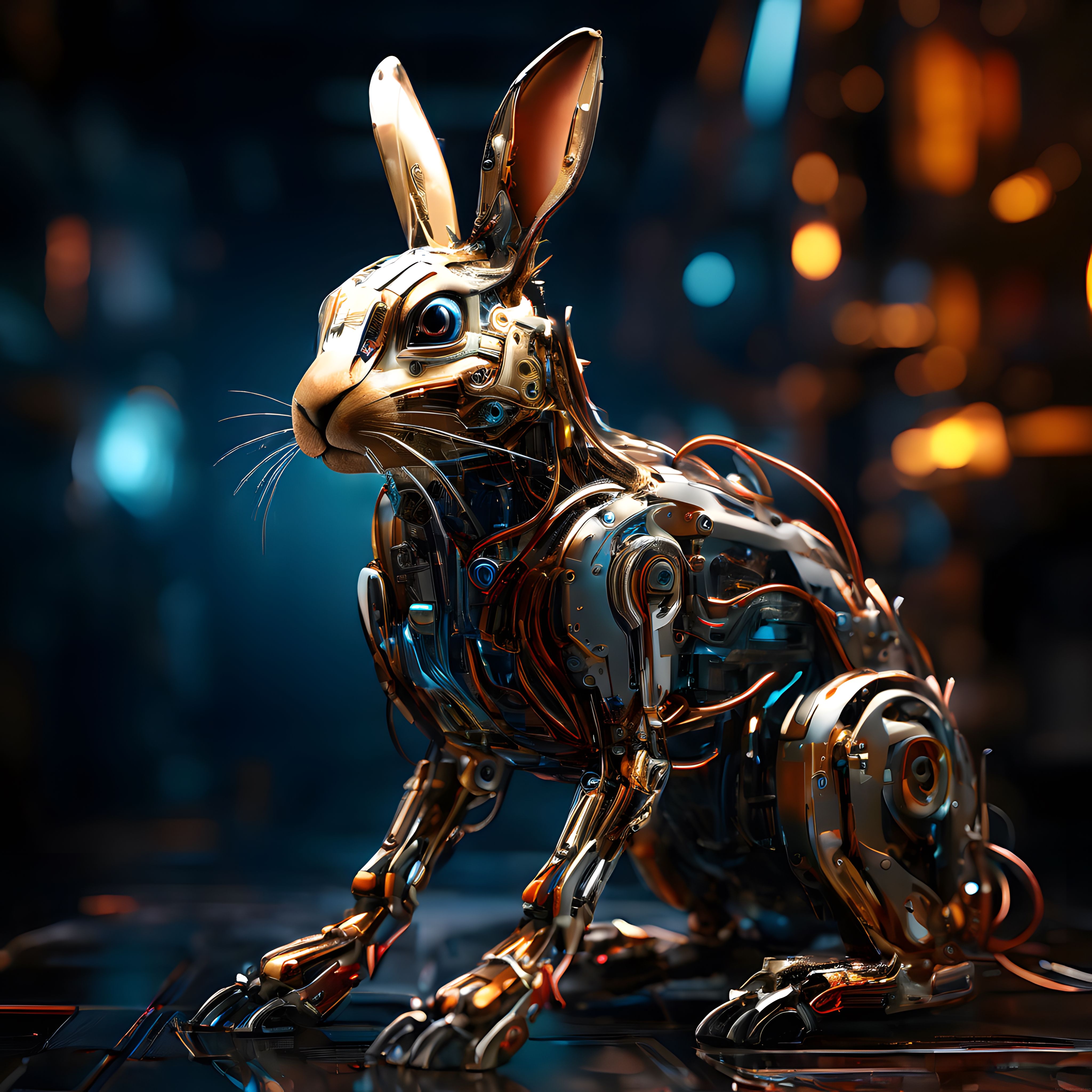Cyberpunk Işıklandırmalı Bronz Kaplama Mekanik Tavşan Robot Figürü