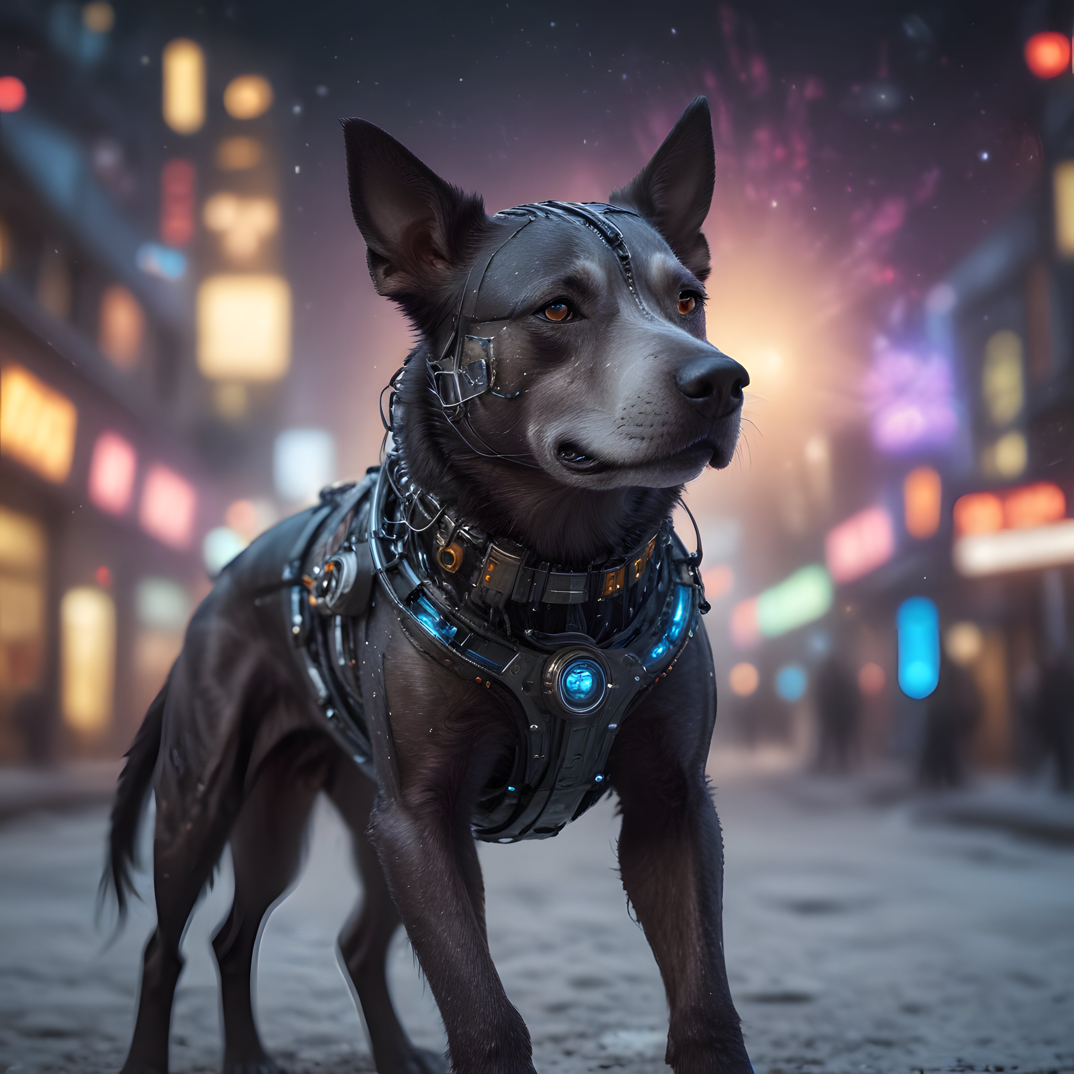 Cyberpunk Köpek: Neon Işıklı Şehirde Teknolojik Zırhlı Sibernetik Canine