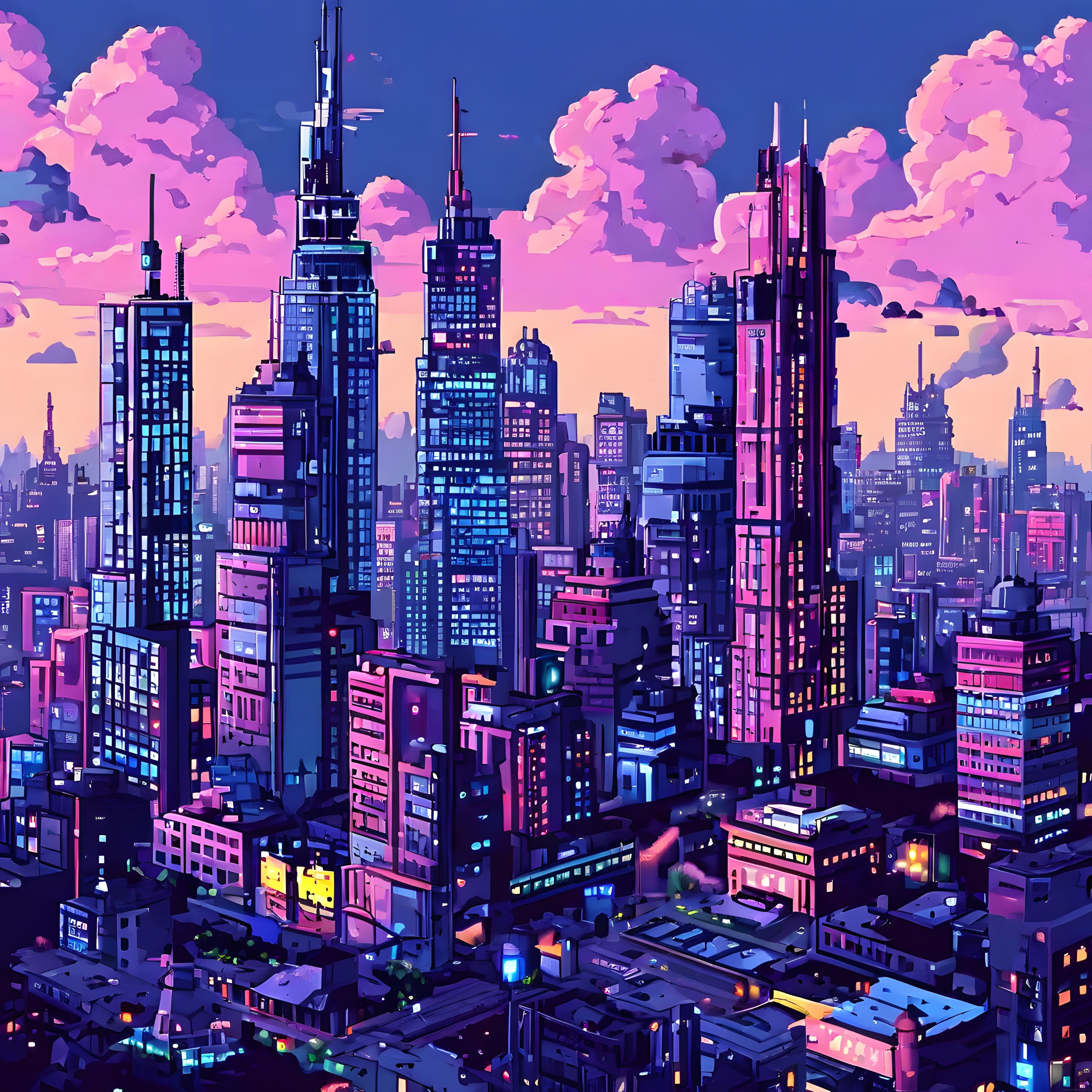 Cyberpunk Megapolis: Gün Batımında Neon Işıklı Anime Şehir Manzarası ve Pembe Gökyüzü