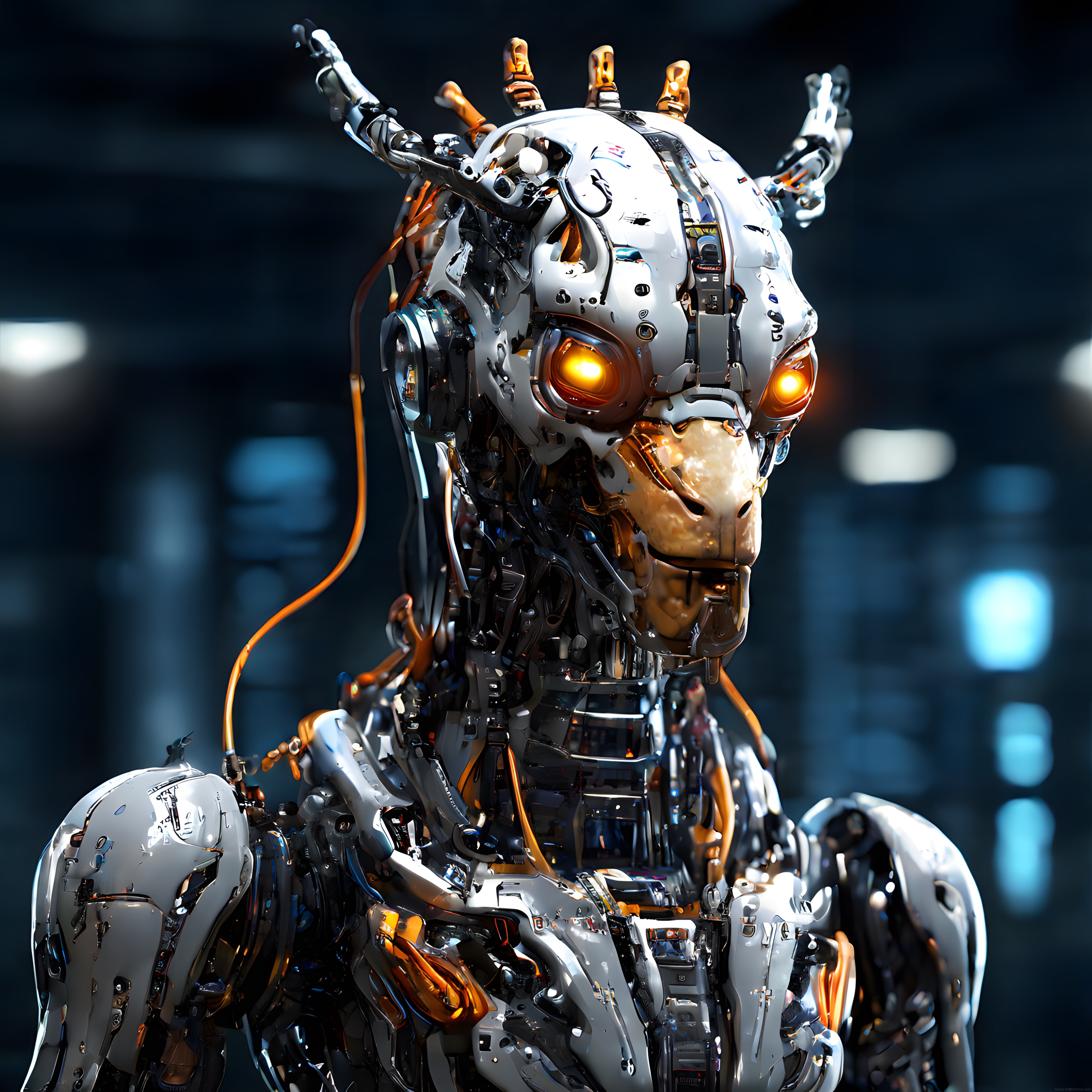 Cyberpunk mekanik zürafa robot: Turuncu gözlü çelik cyborg ve uzun metal boyun detayları