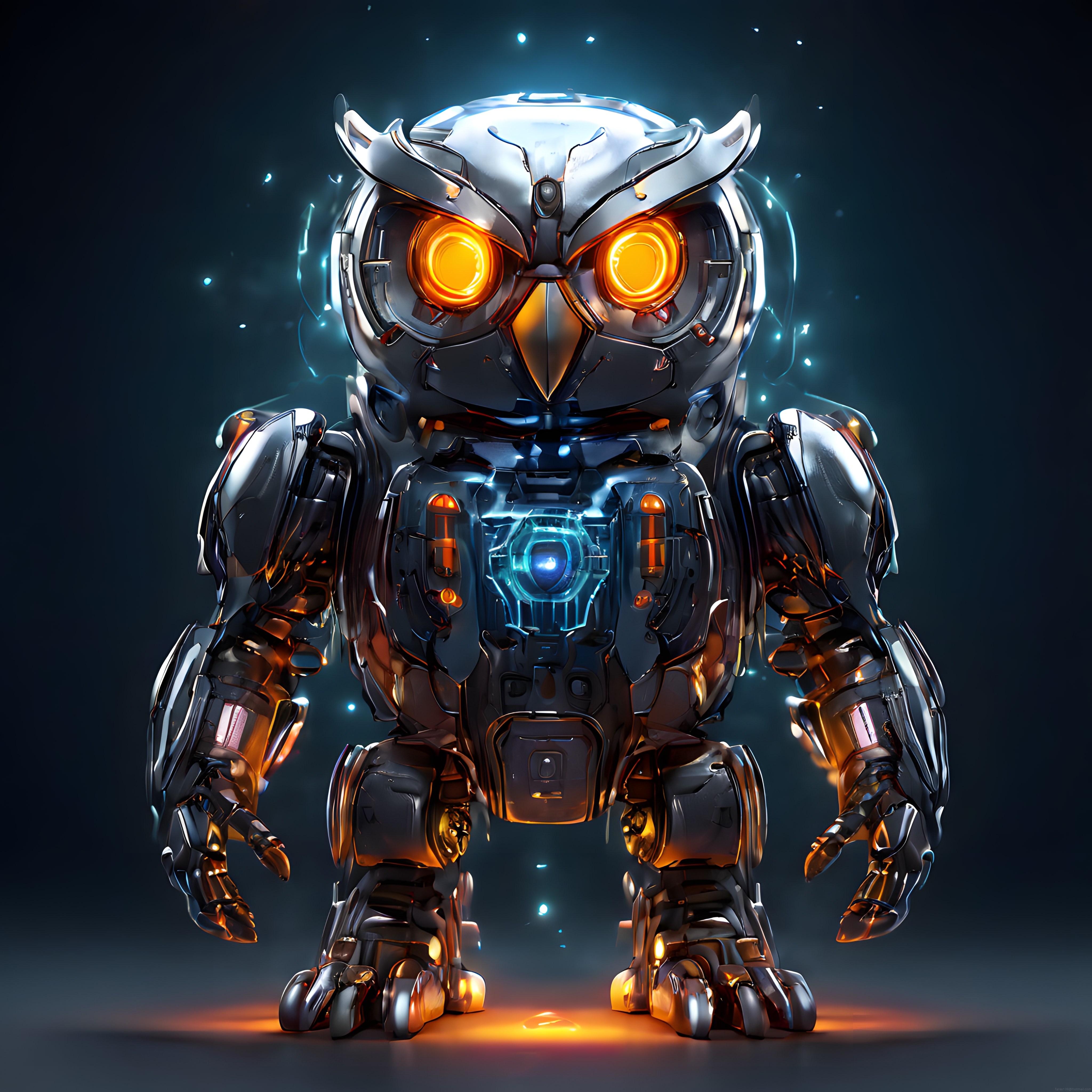 Cyberpunk Metalik Baykuş Robot ve Turuncu Parlayan Gözler Tasarımı