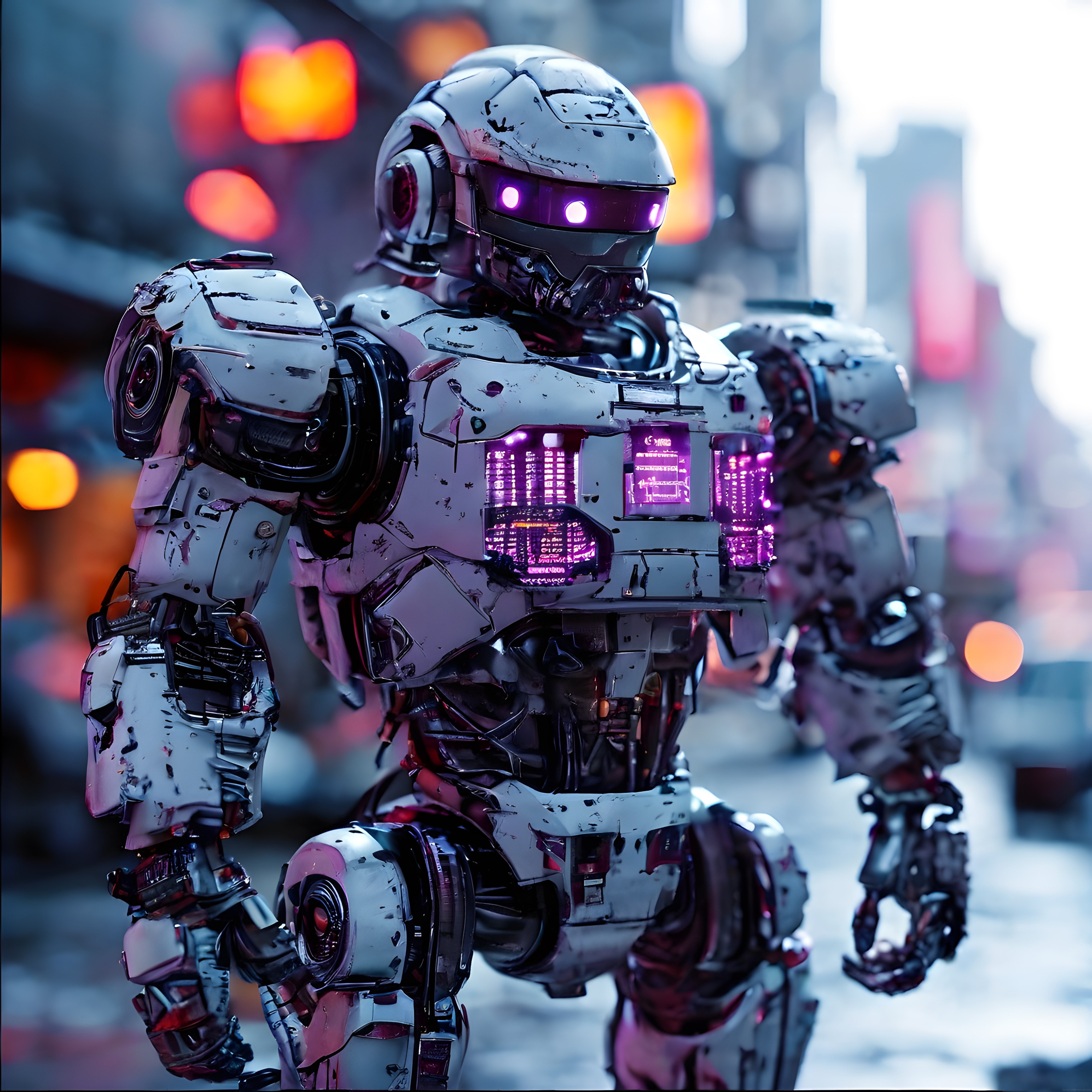 cyberpunk metropolde devriye yapan ağır zırhlı mor ışıklı insansı asker robotu