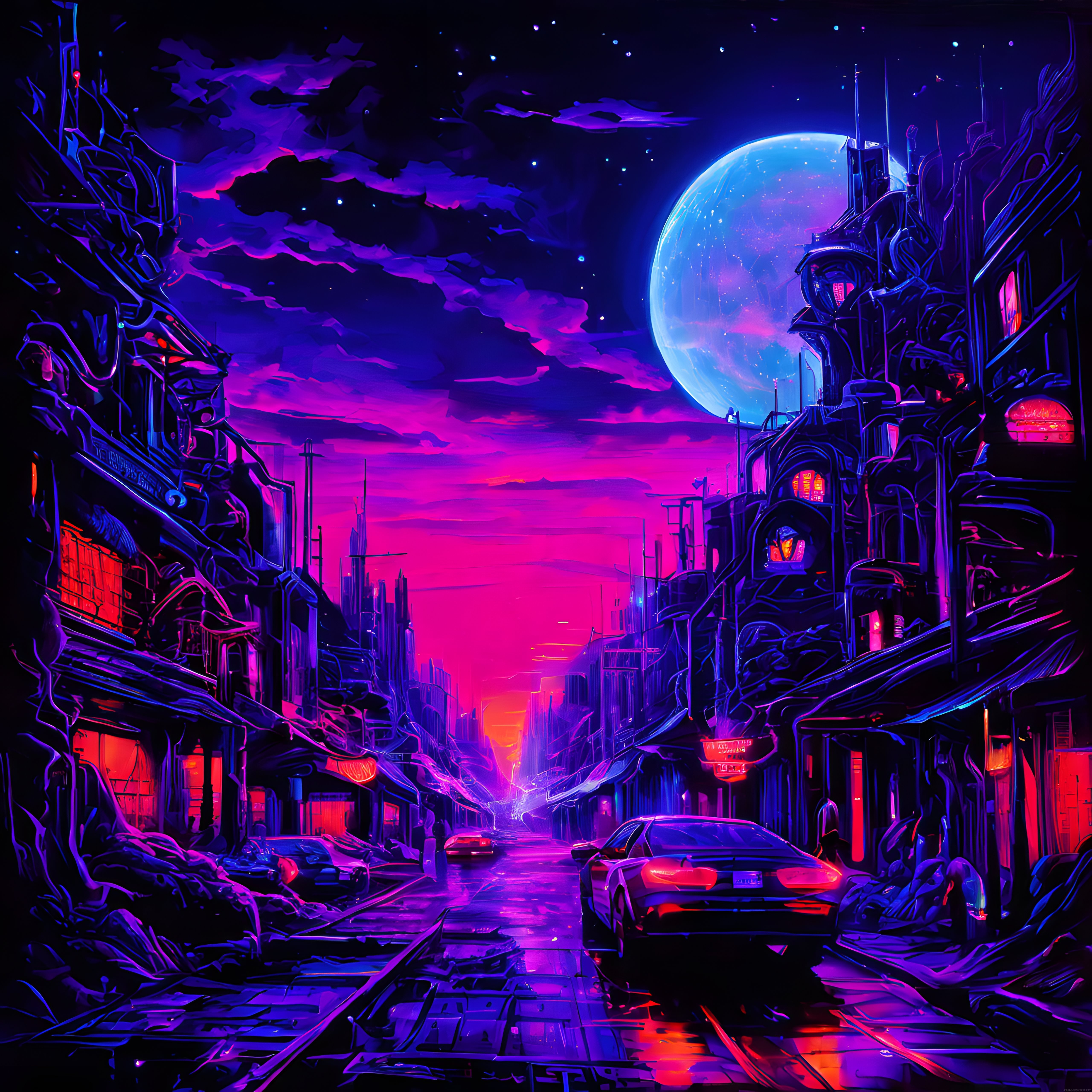 Cyberpunk Metropolde Gece Yolculuğu ve Dev Gezegenin Gizemli Işıltısı
