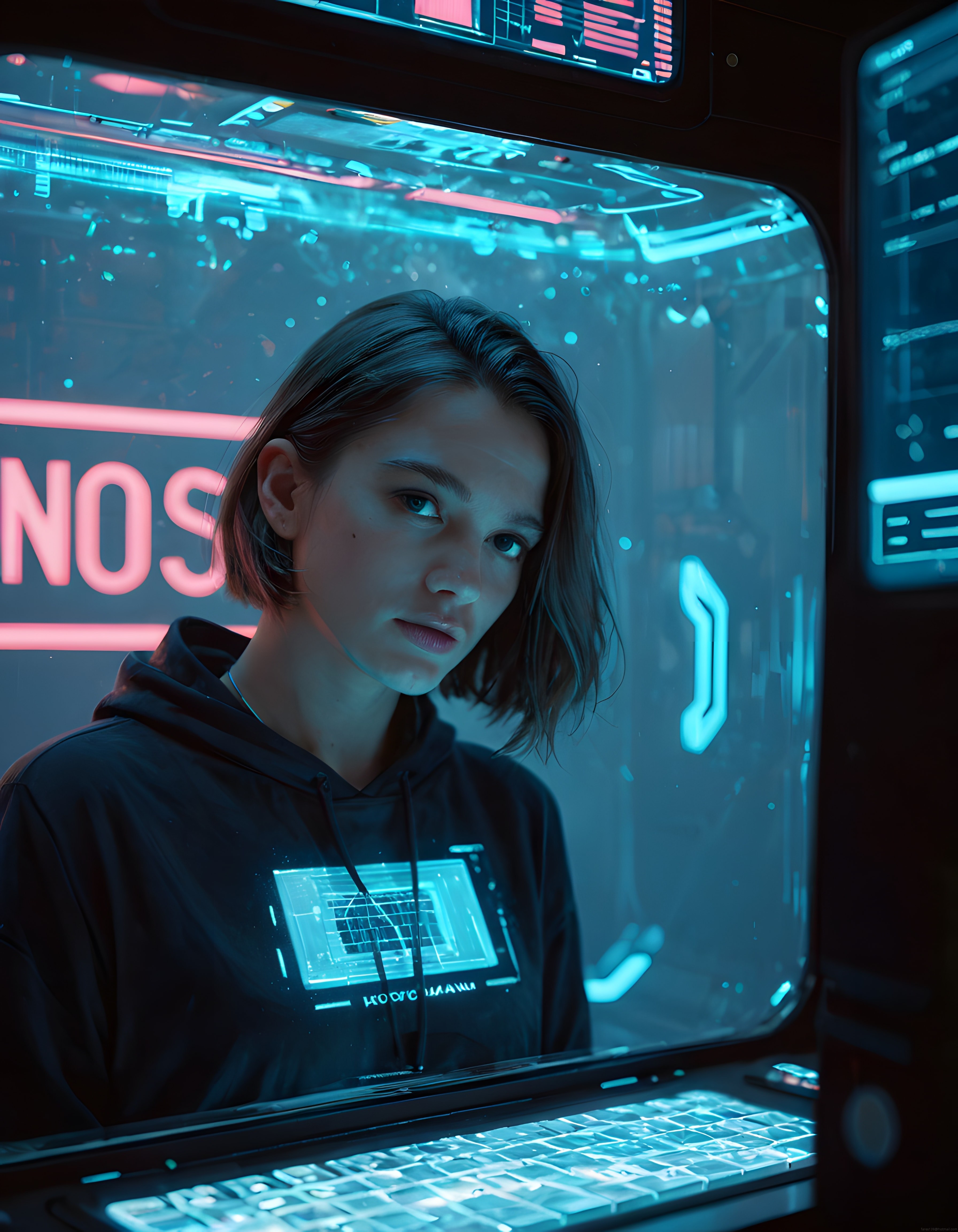 Cyberpunk metropolde neon ışıklar altında yağmurlu camdan dışarı bakan genç