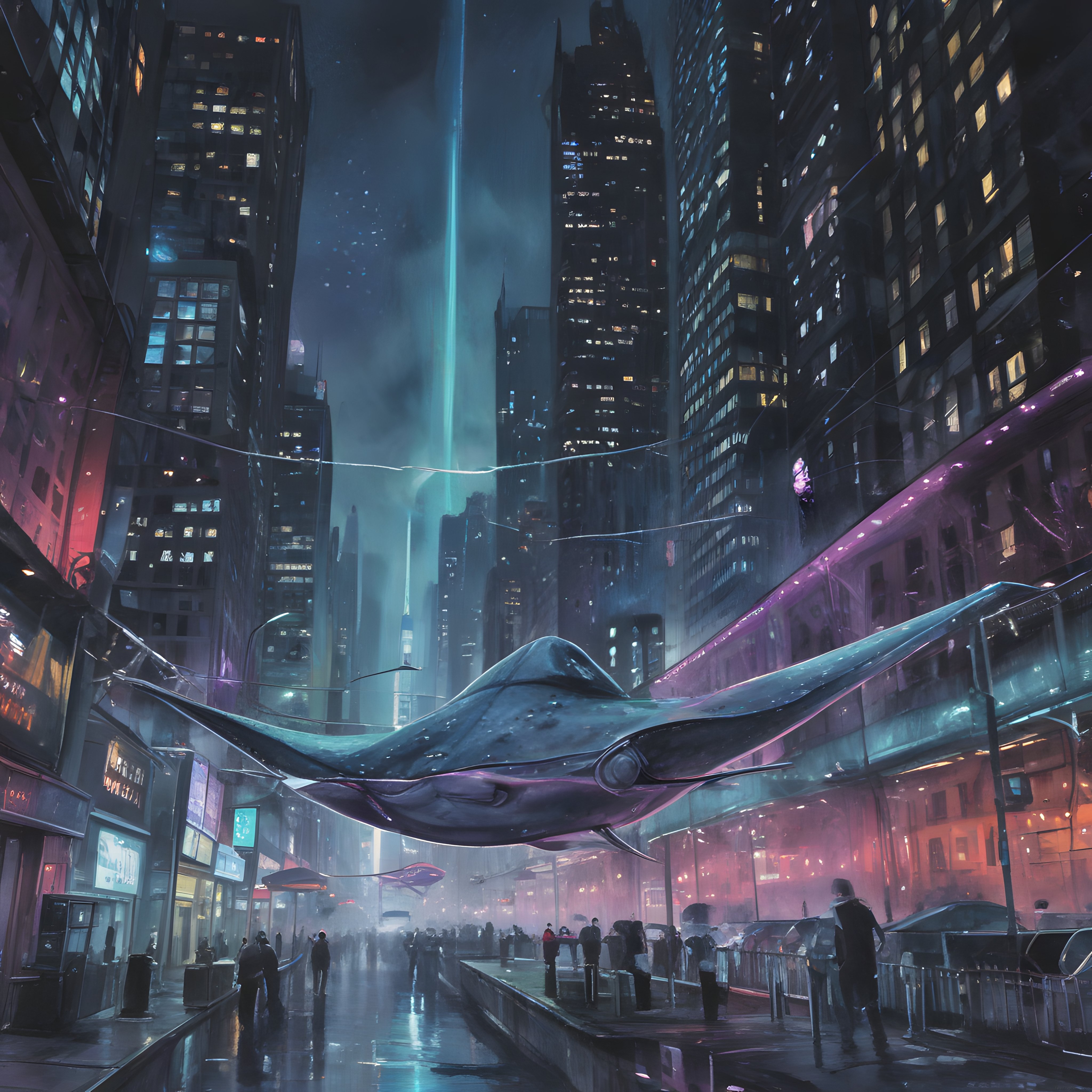 Cyberpunk Metropolde Yağmurlu Gecede Uçan Vatoz ve Neon Işıklı Gökdelenler
