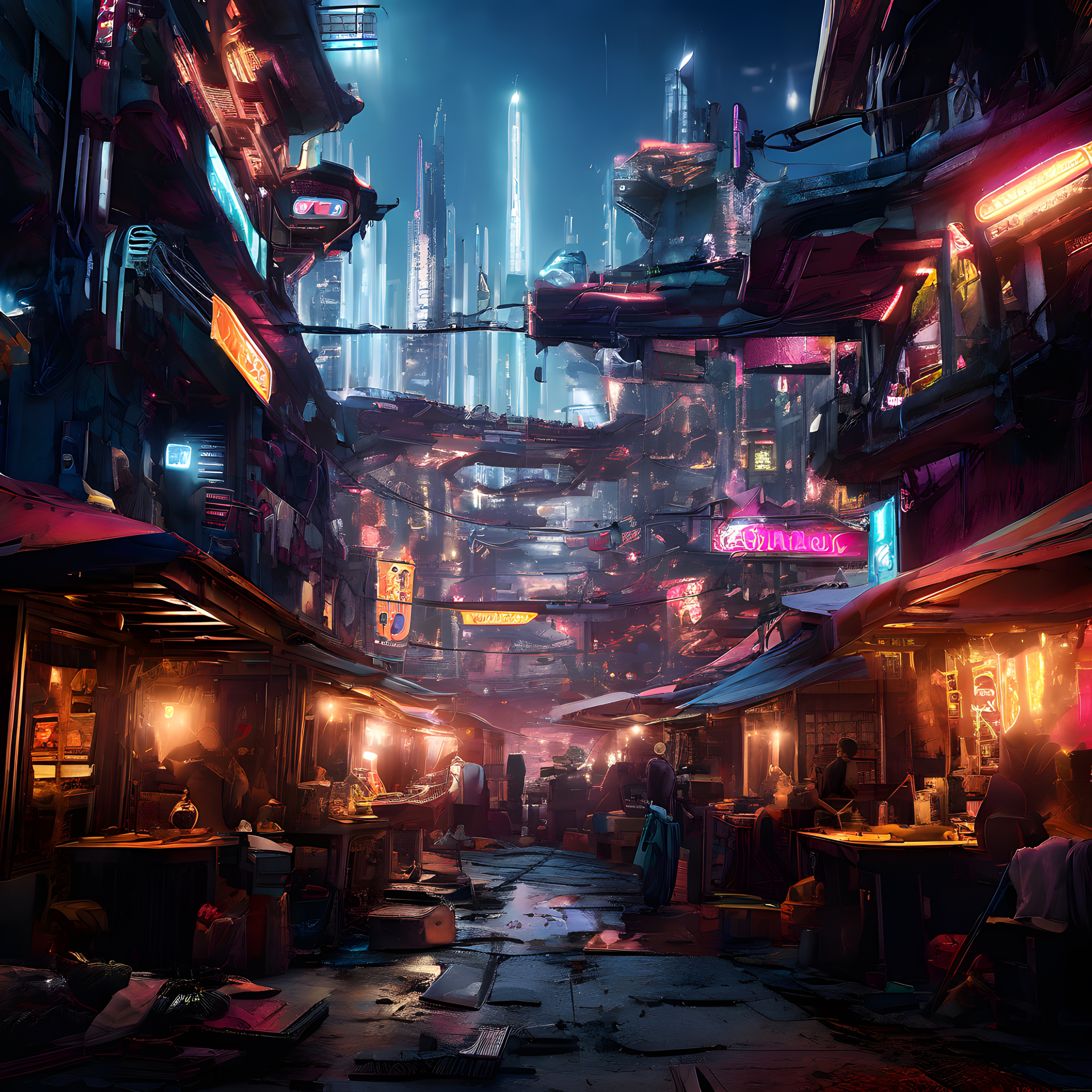 Cyberpunk Metropolün Dar Arka Sokaklarında Neon Işıklar ve Uçan Taksiler