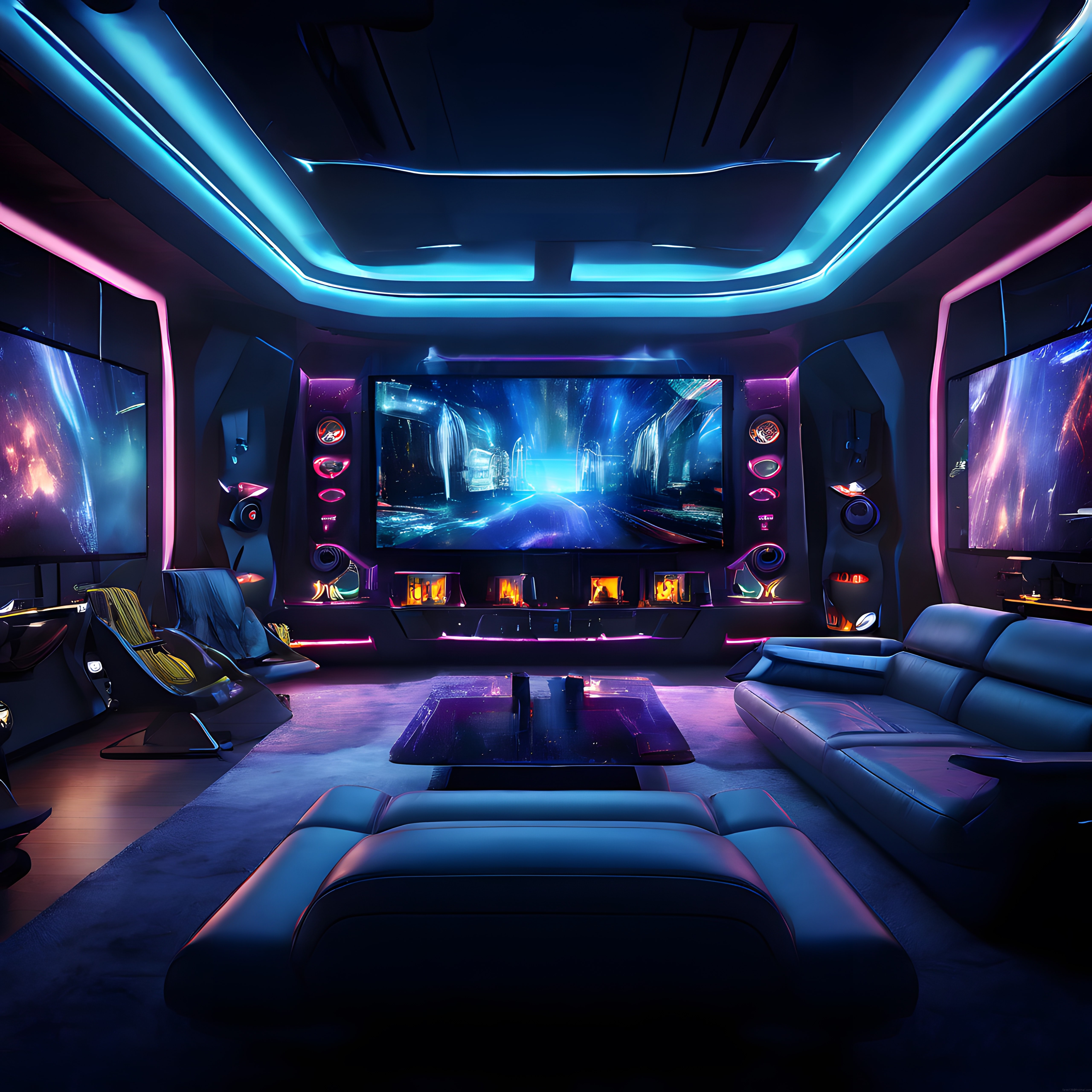 Cyberpunk Neon Aydınlatmalı Futuristik Lüks Ev Sinema ve Oyun Odası Tasarımı