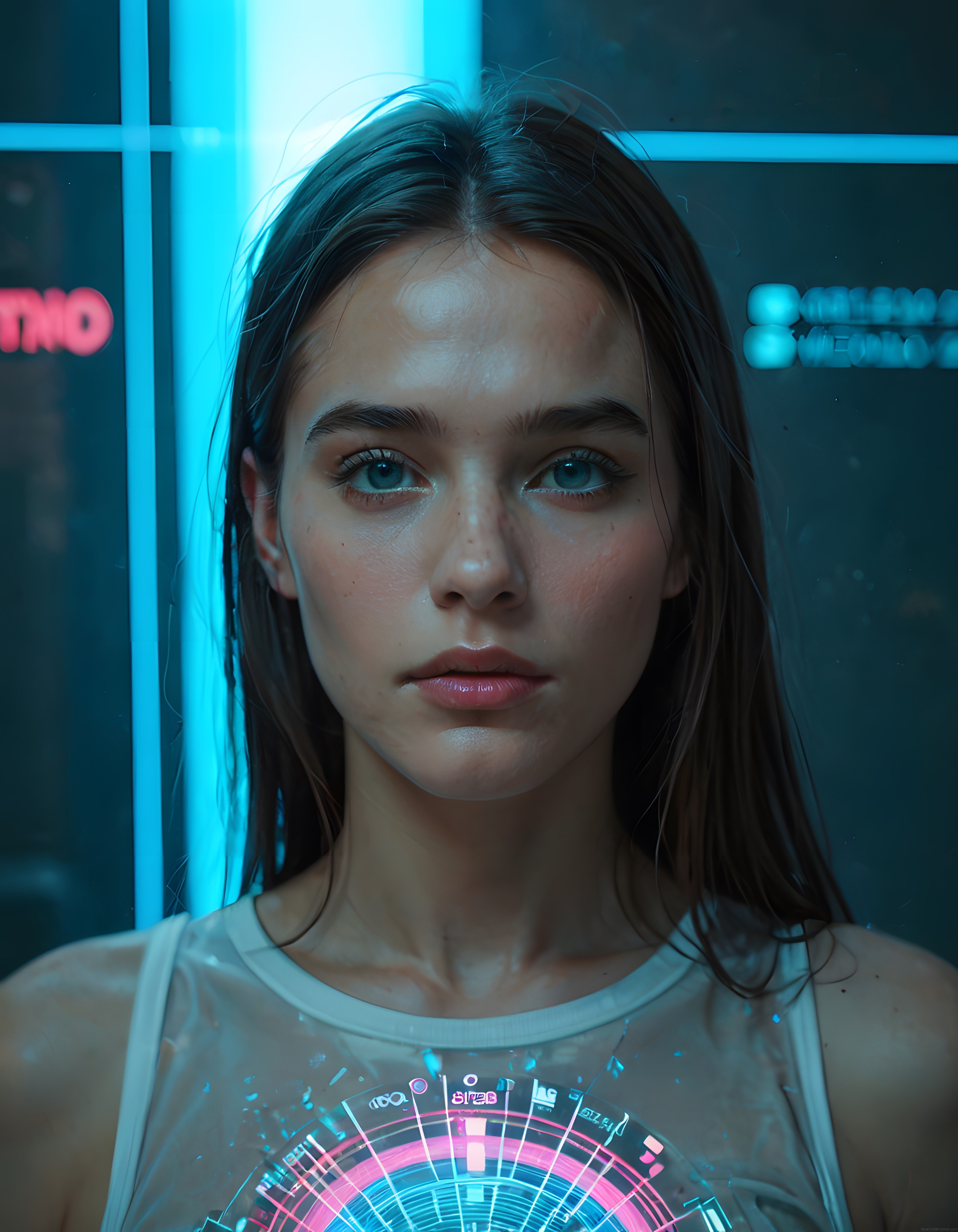 Cyberpunk Neon Işıklar Arasında Gizemli Dijital Kadın Portresi