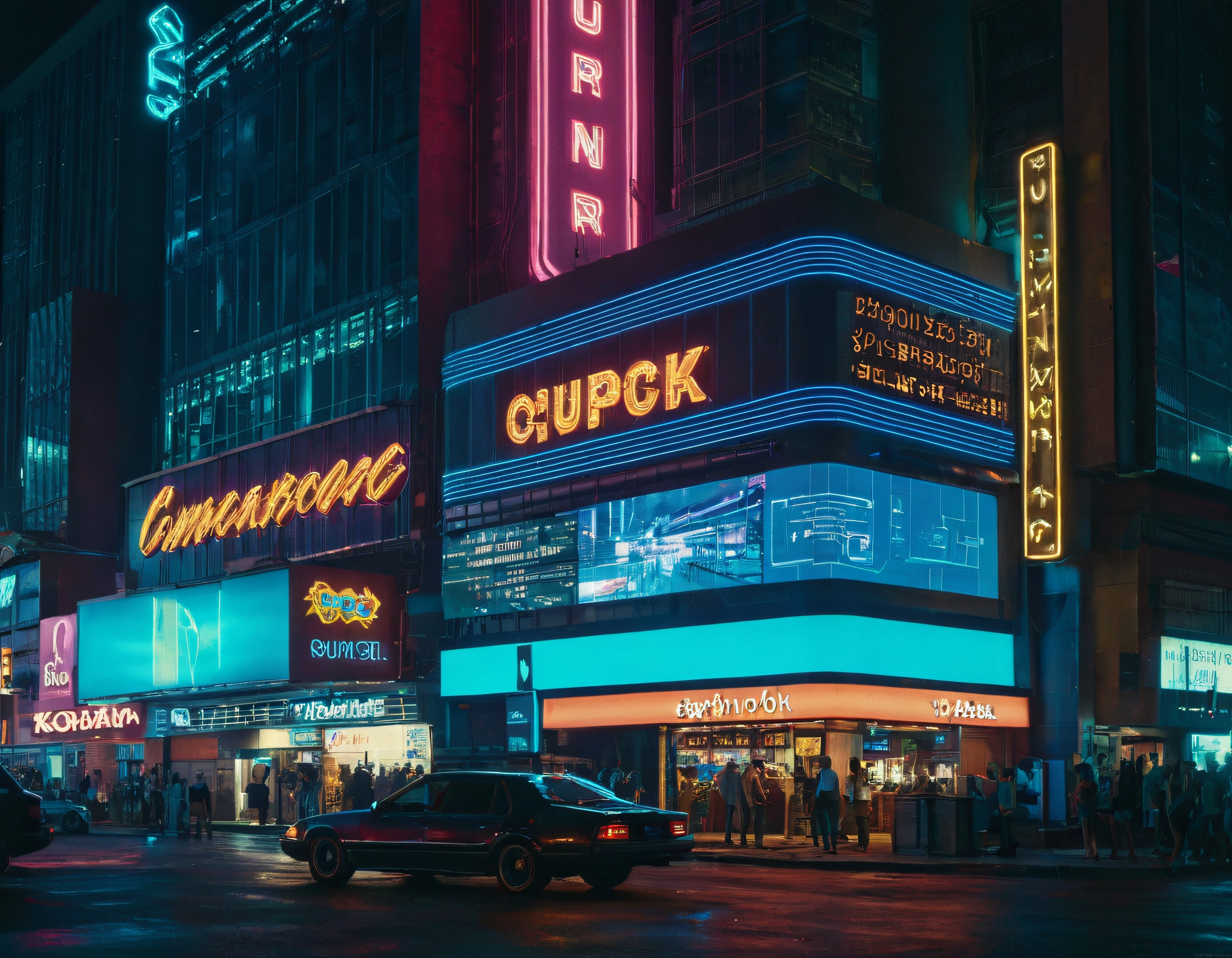 Cyberpunk Neon Şehir Gecesi: Islak Sokaklarda Retro Araba ve Işıltılı Tabelalar
