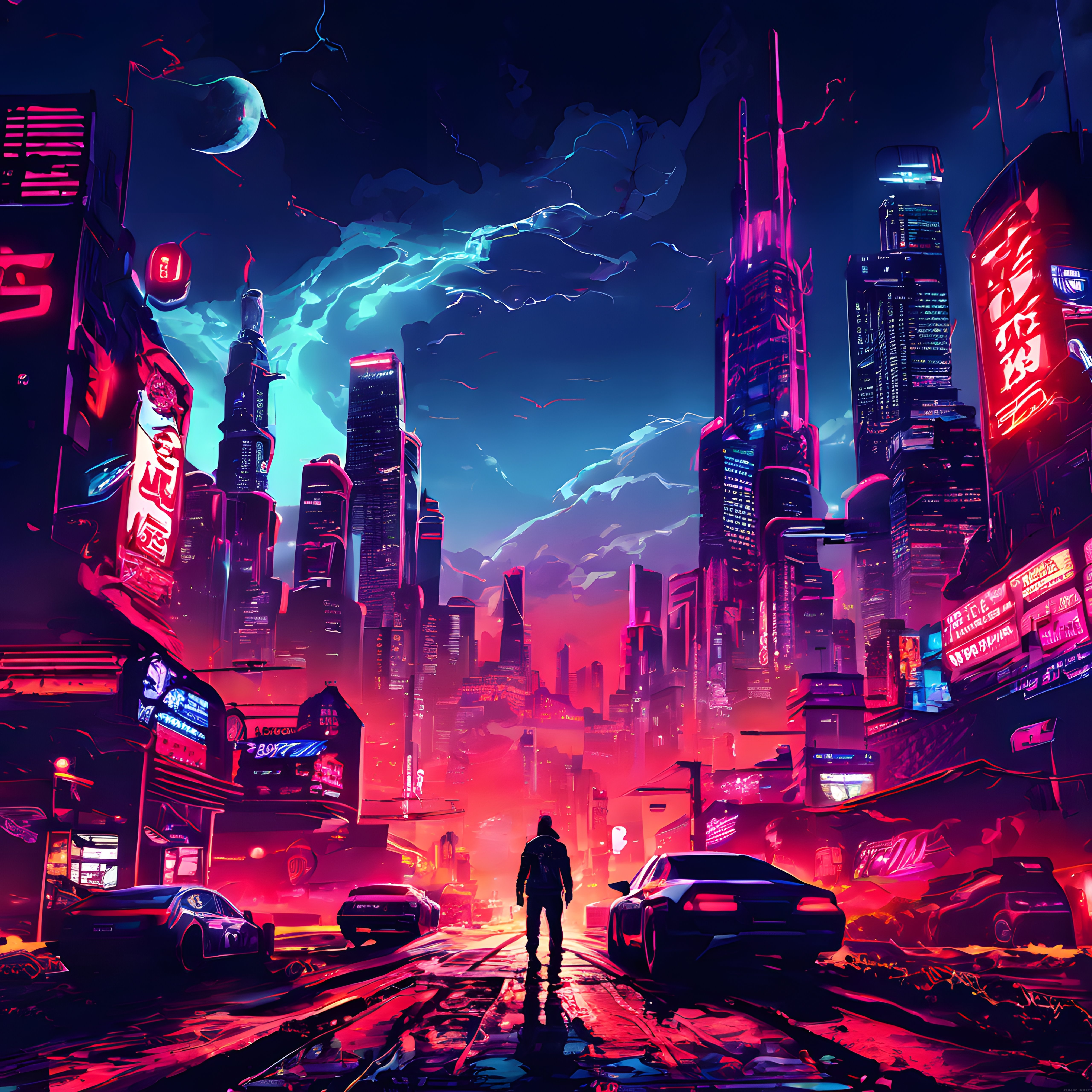Cyberpunk Neon Şehir Manzarası: Geleceğin Işıltılı Sokaklarında Yalnız Yürüyüş
