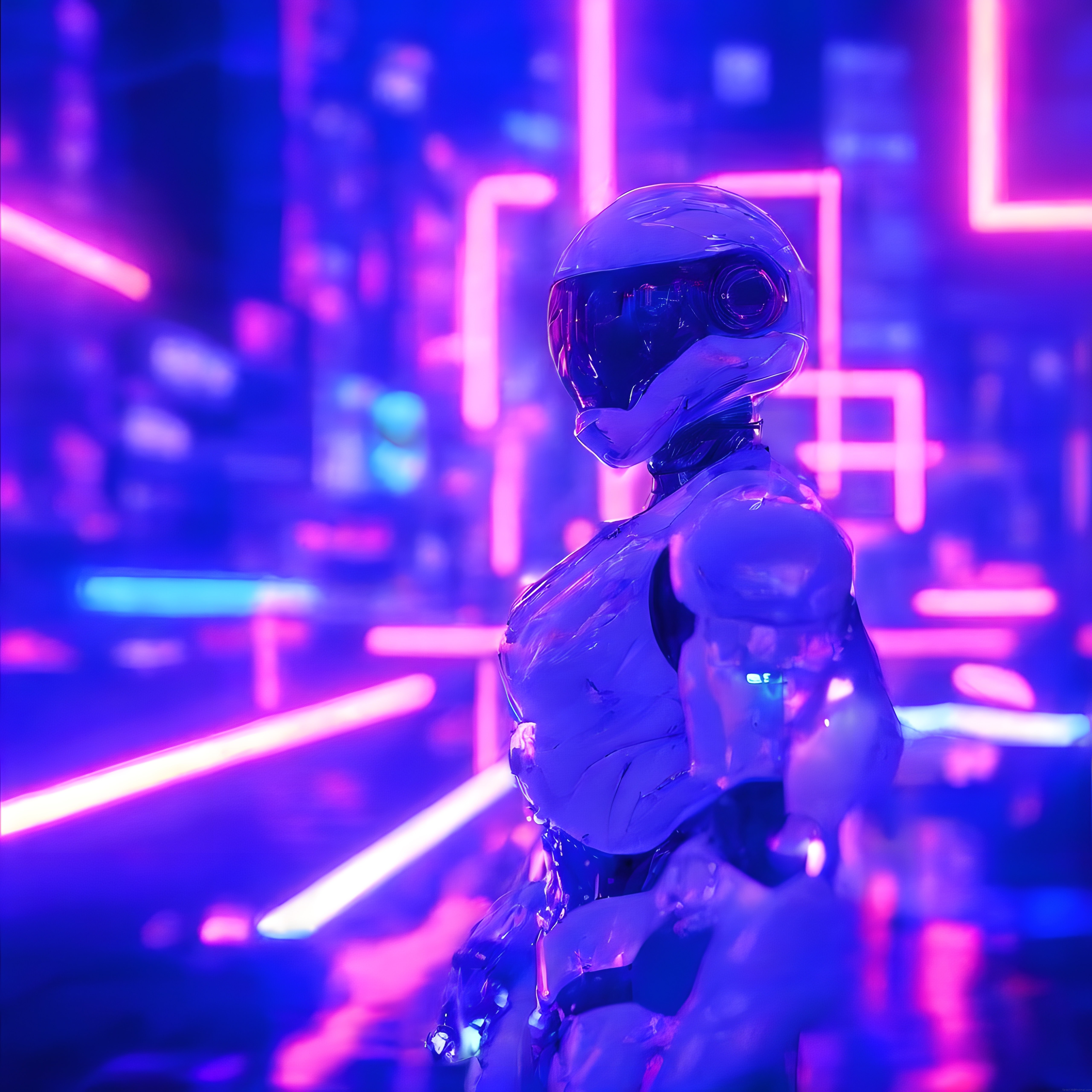Cyberpunk Neon Sokaklarında Geleceğin İnsansı Robotunun Gizemli Varlığı