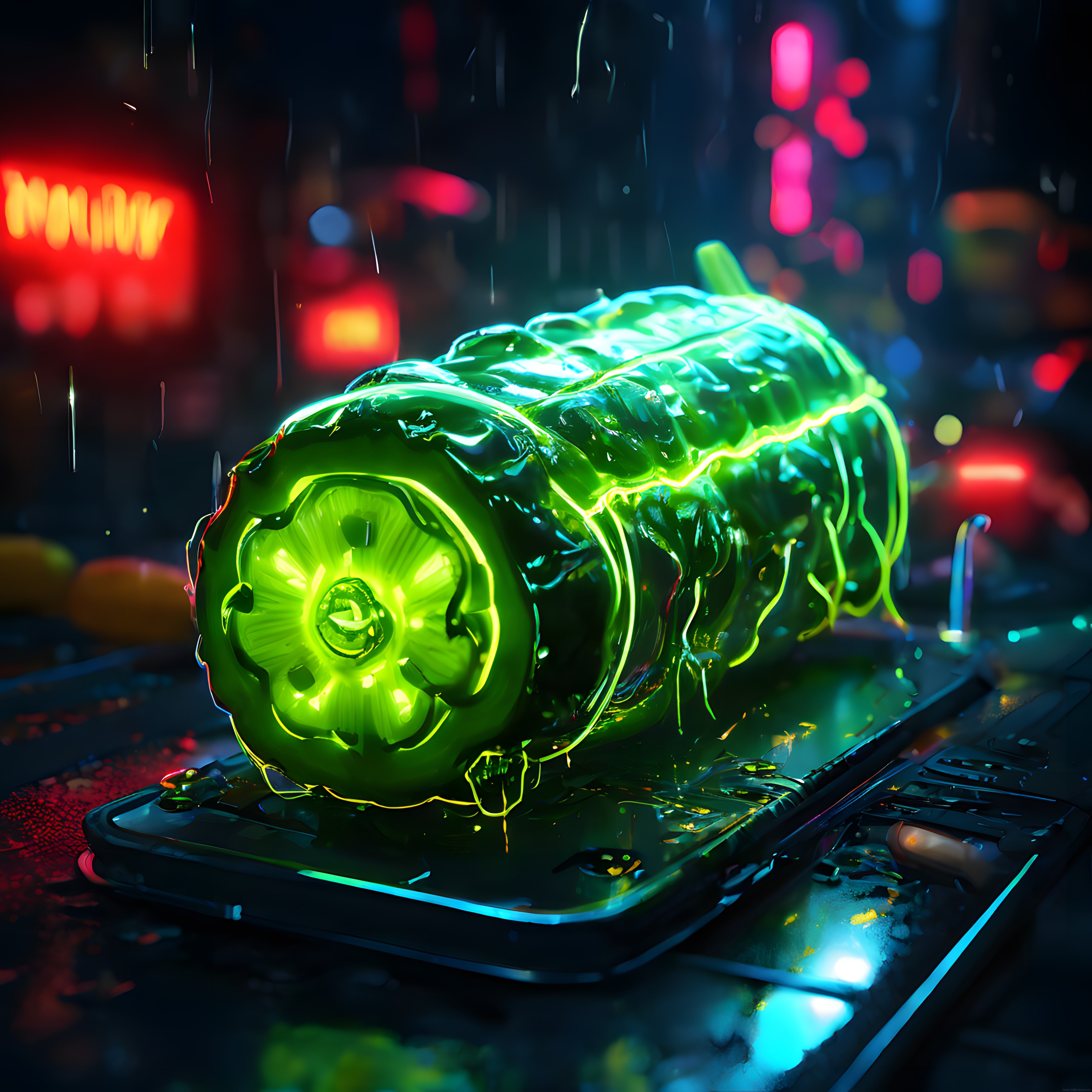 cyberpunk ortamda metal yüzeyde parlayan yeşil neonlu teknolojik meyve