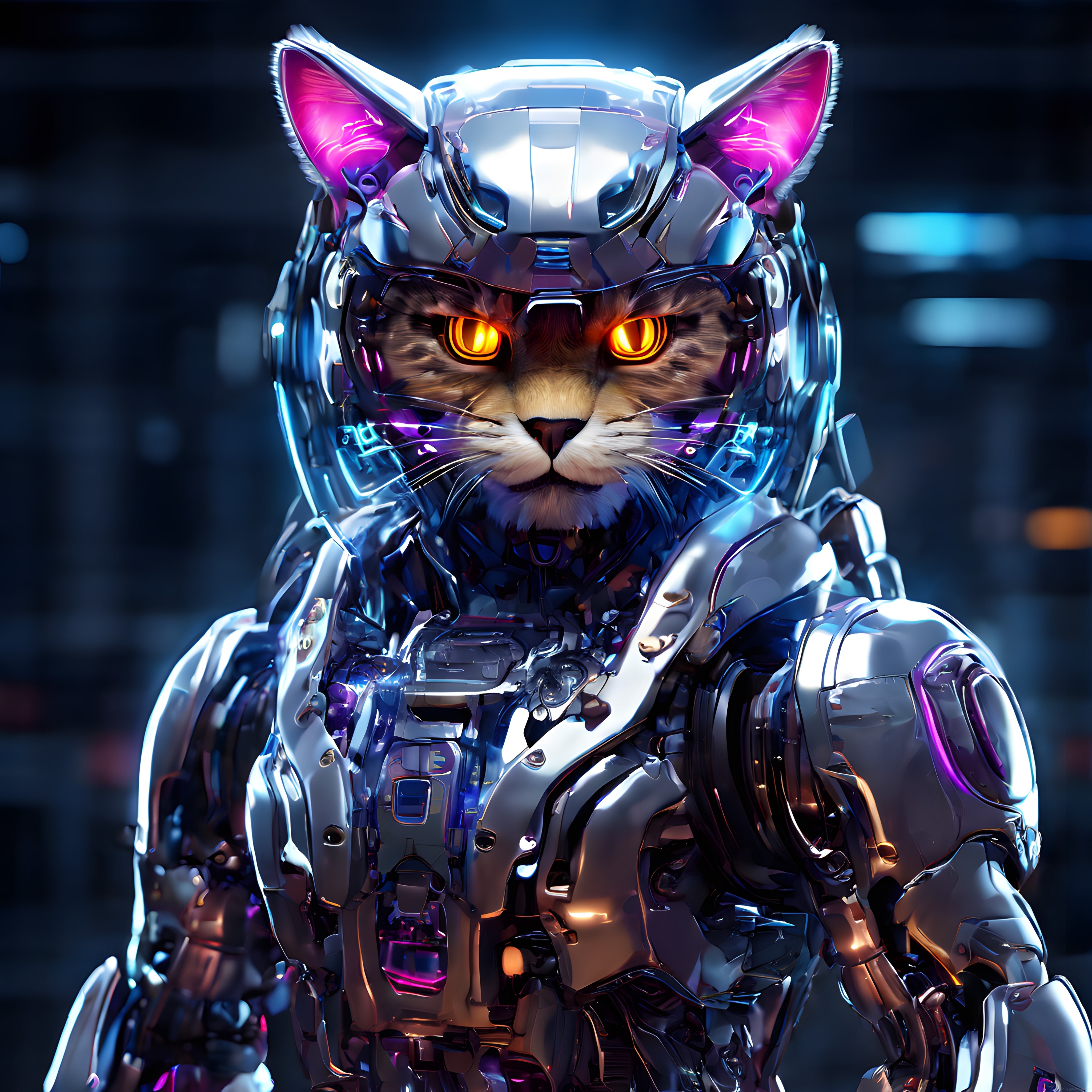 Cyberpunk Robot Kedi: Metal Zırhlı Fütüristik Dijital Sanat Portresi