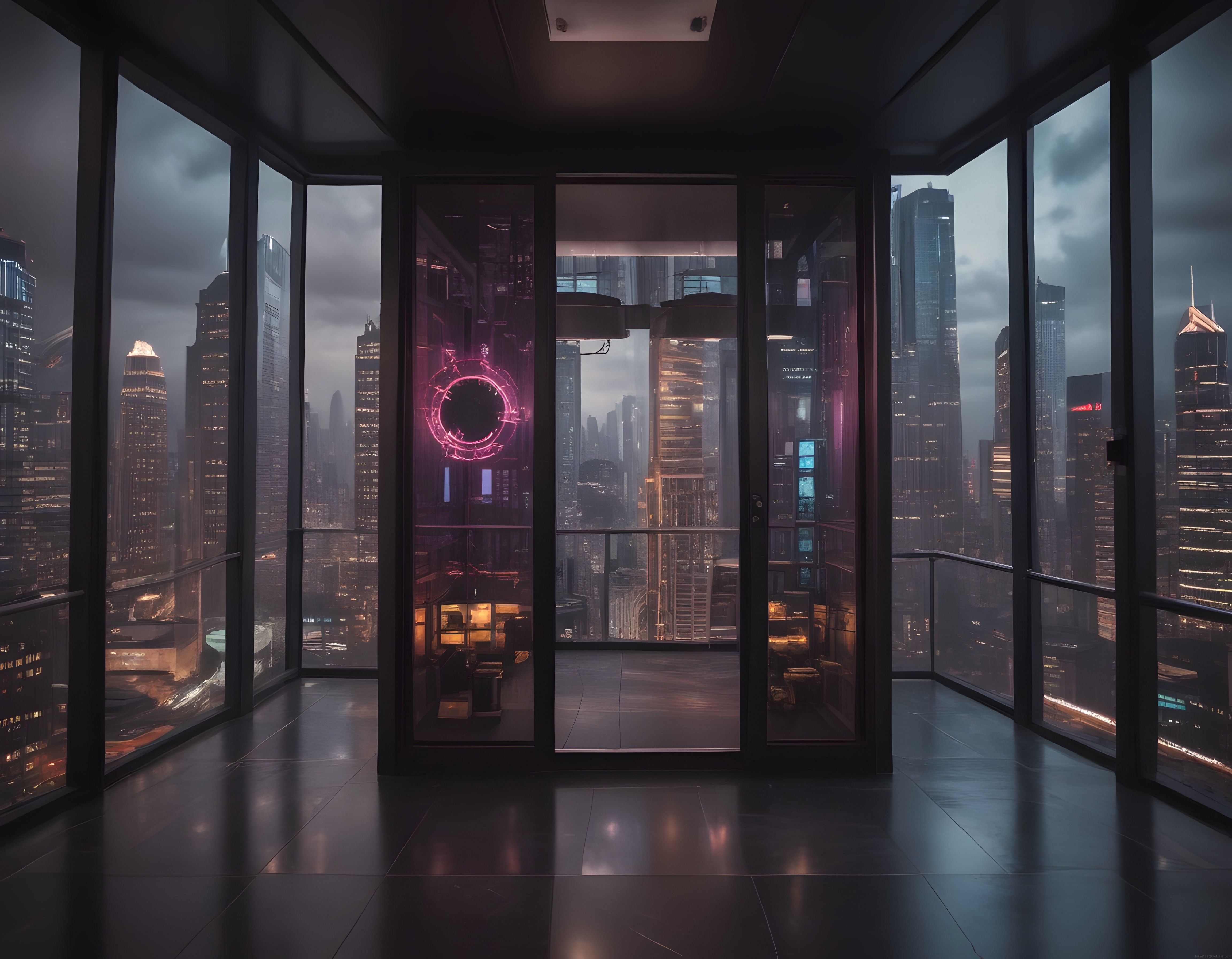 Cyberpunk Şehir Manzaralı Lüks Daire İçi ve Neon Işıklı Gökdelenler